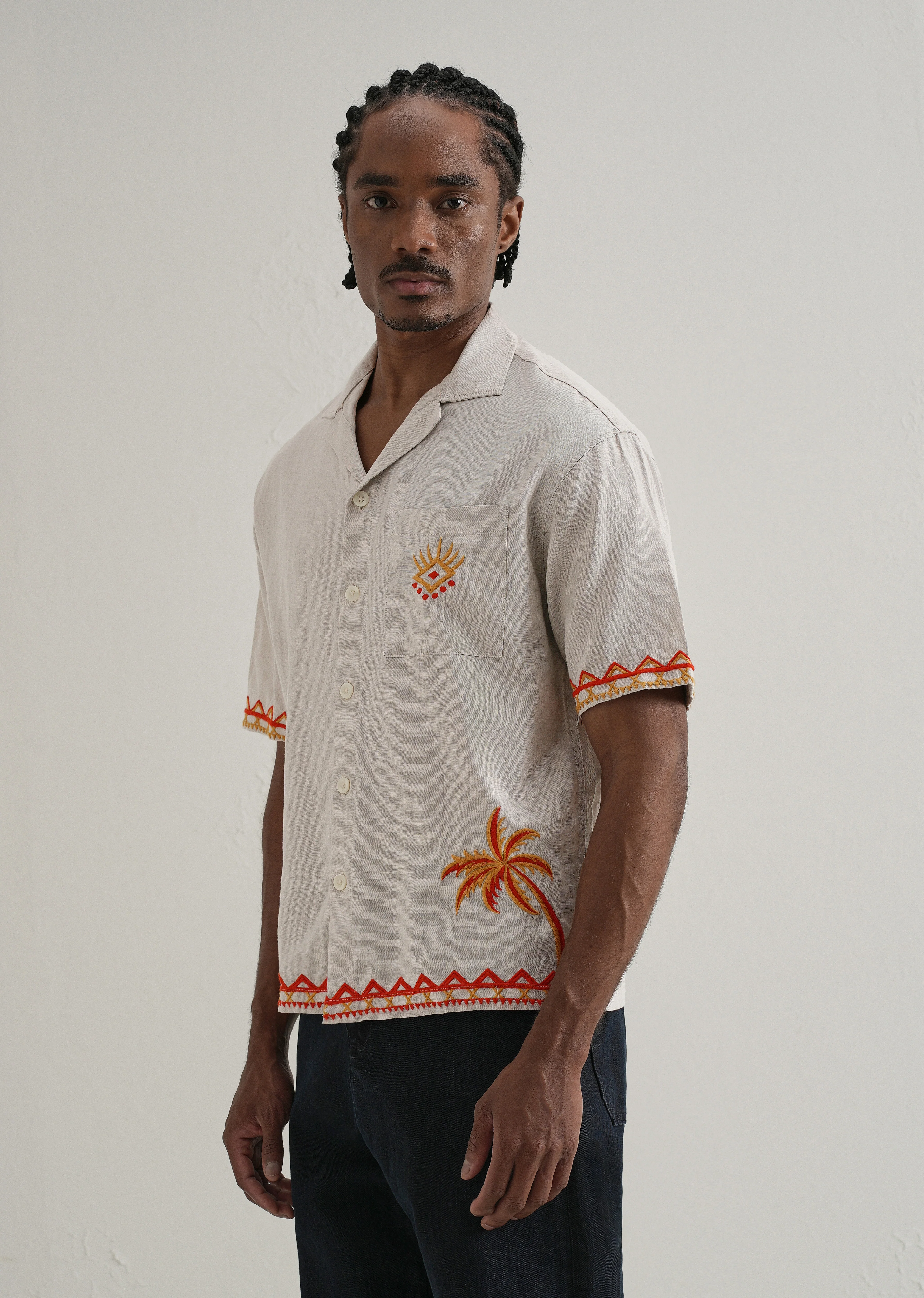 Tan Embroidery Cuban Collar Shirt - Image 5