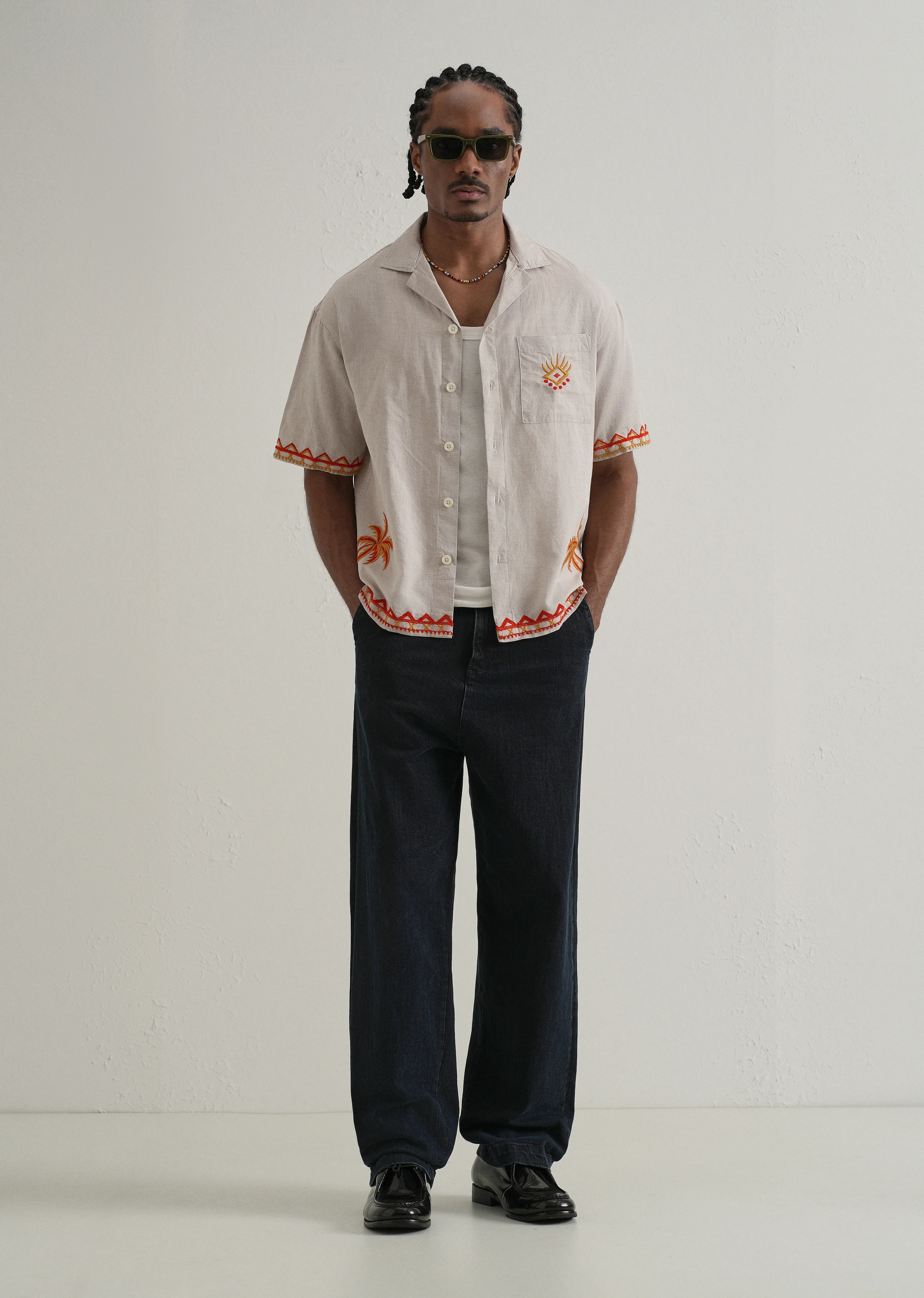 Tan Embroidery Cuban Collar Shirt - Image 6