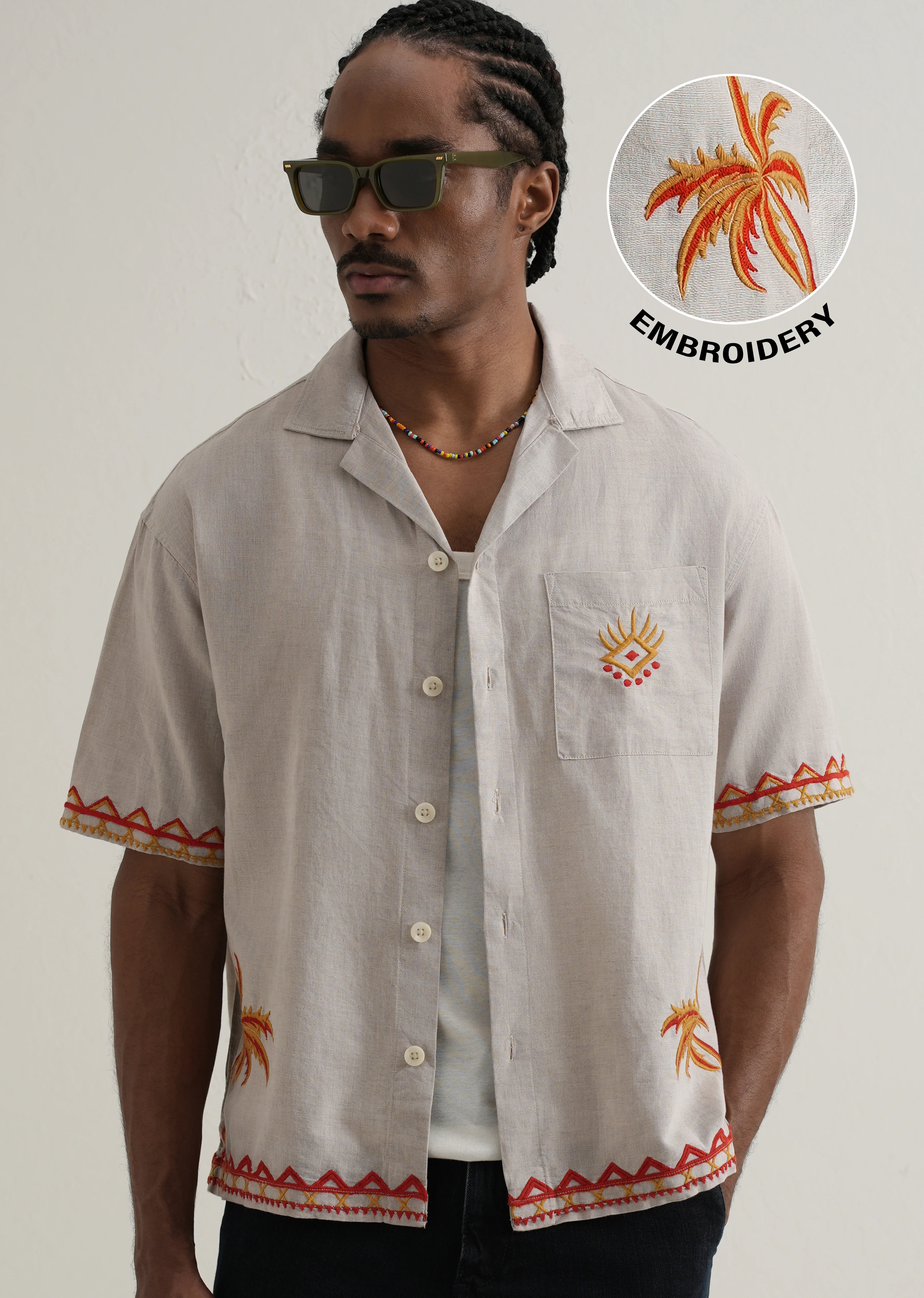 Tan Embroidery Cuban Collar Shirt - Image 7