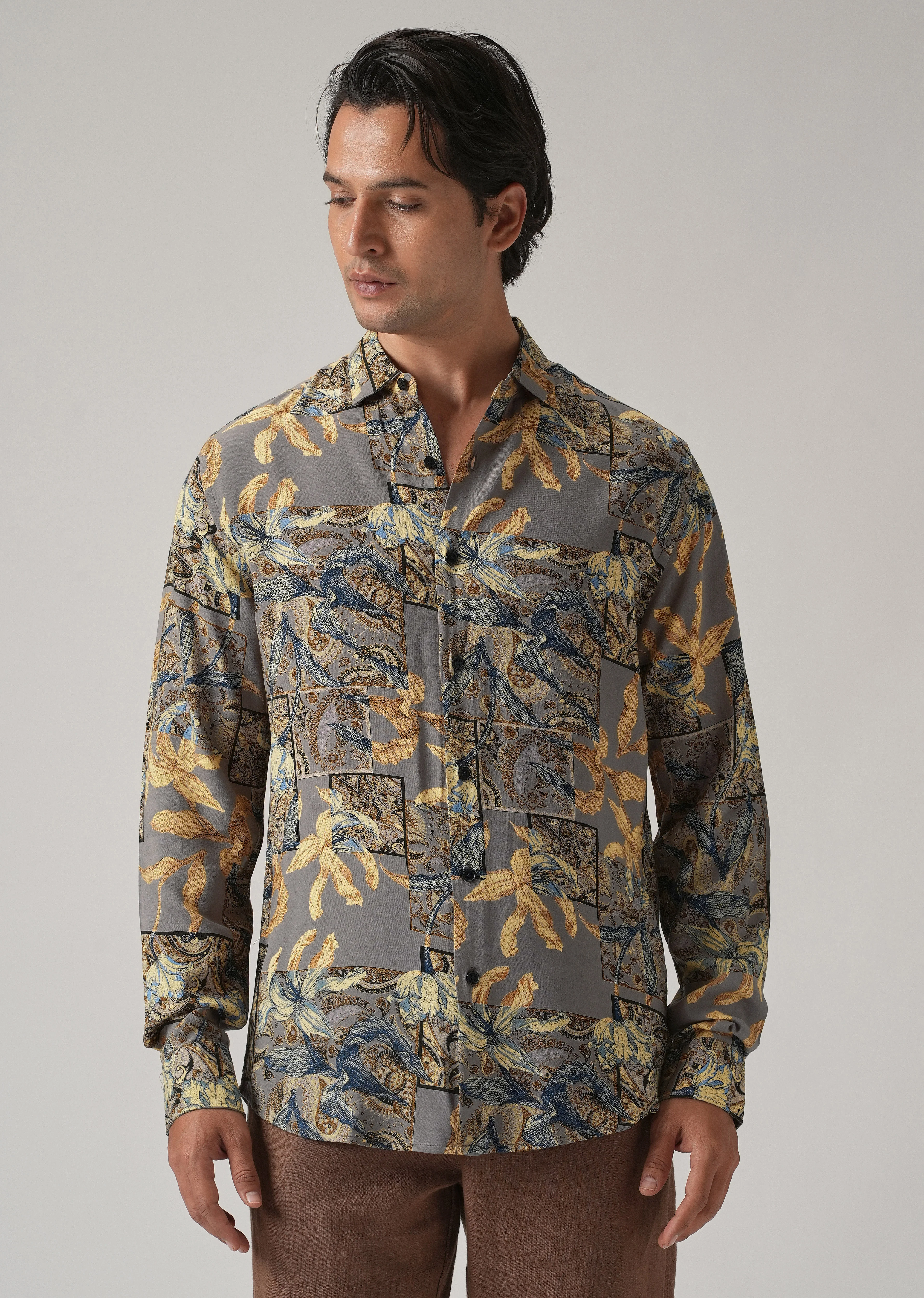 Tan Exotic Lily Print Feather Shirt - Image 3