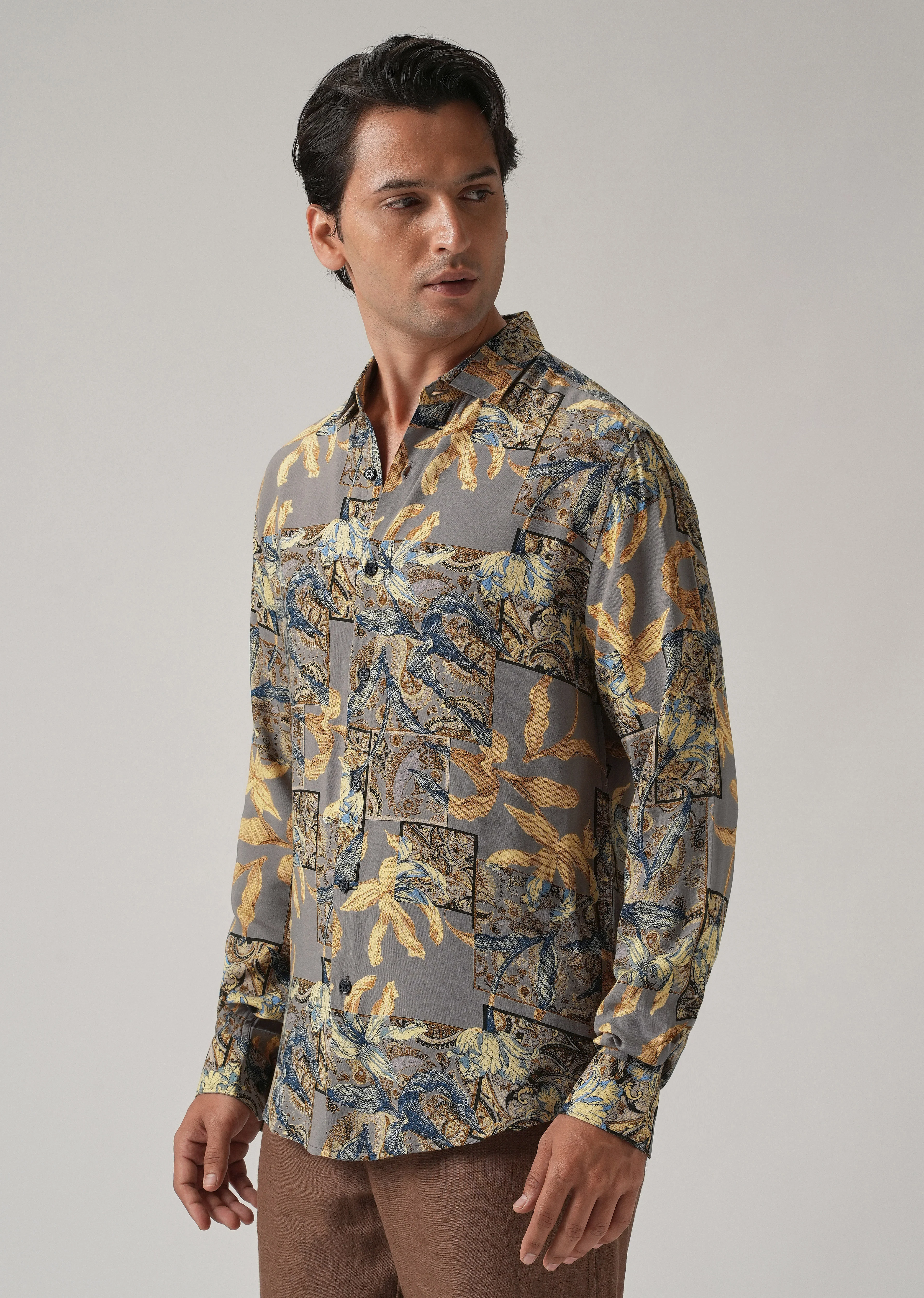 Tan Exotic Lily Print Feather Shirt - Image 4