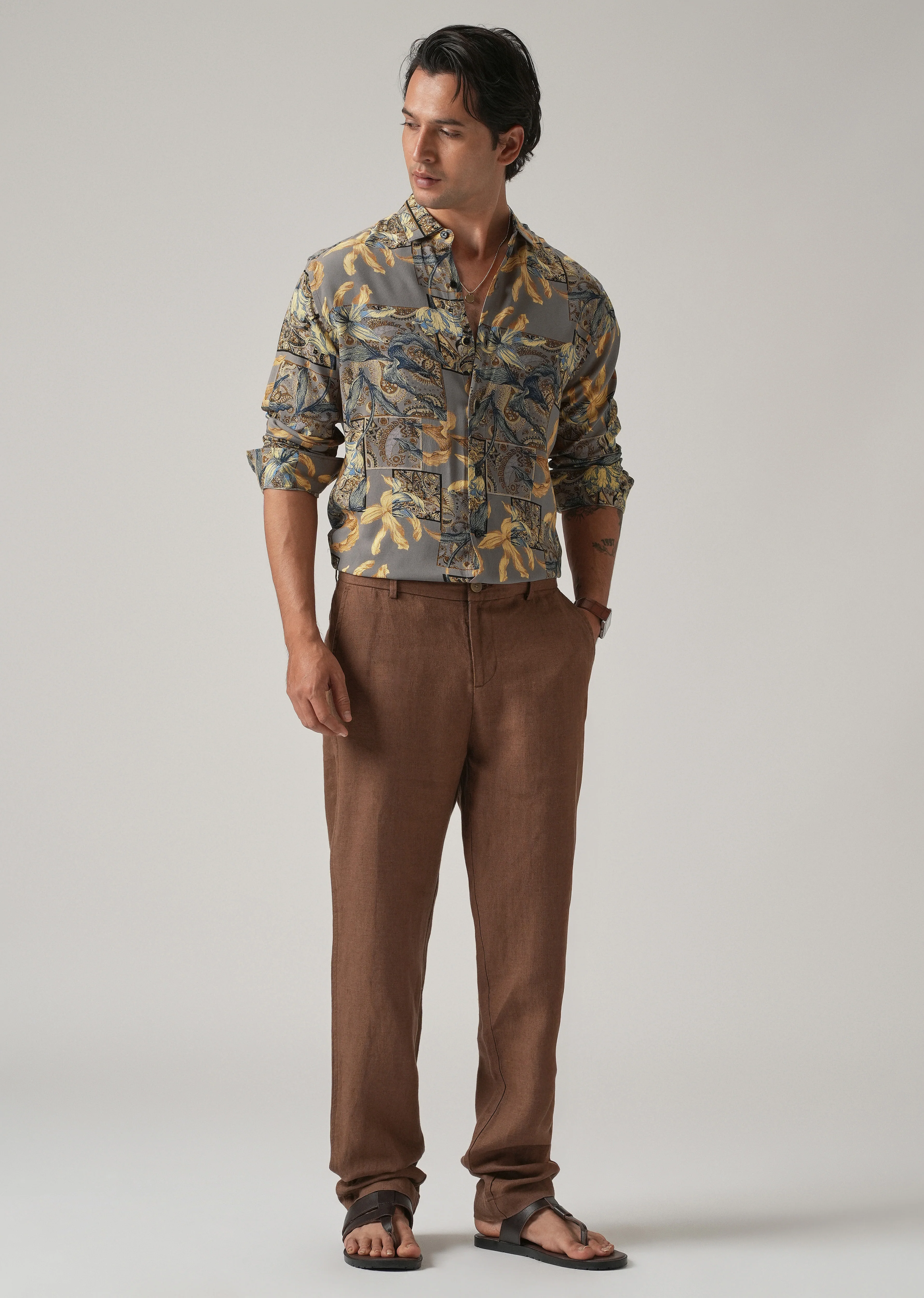 Tan Exotic Lily Print Feather Shirt - Image 6