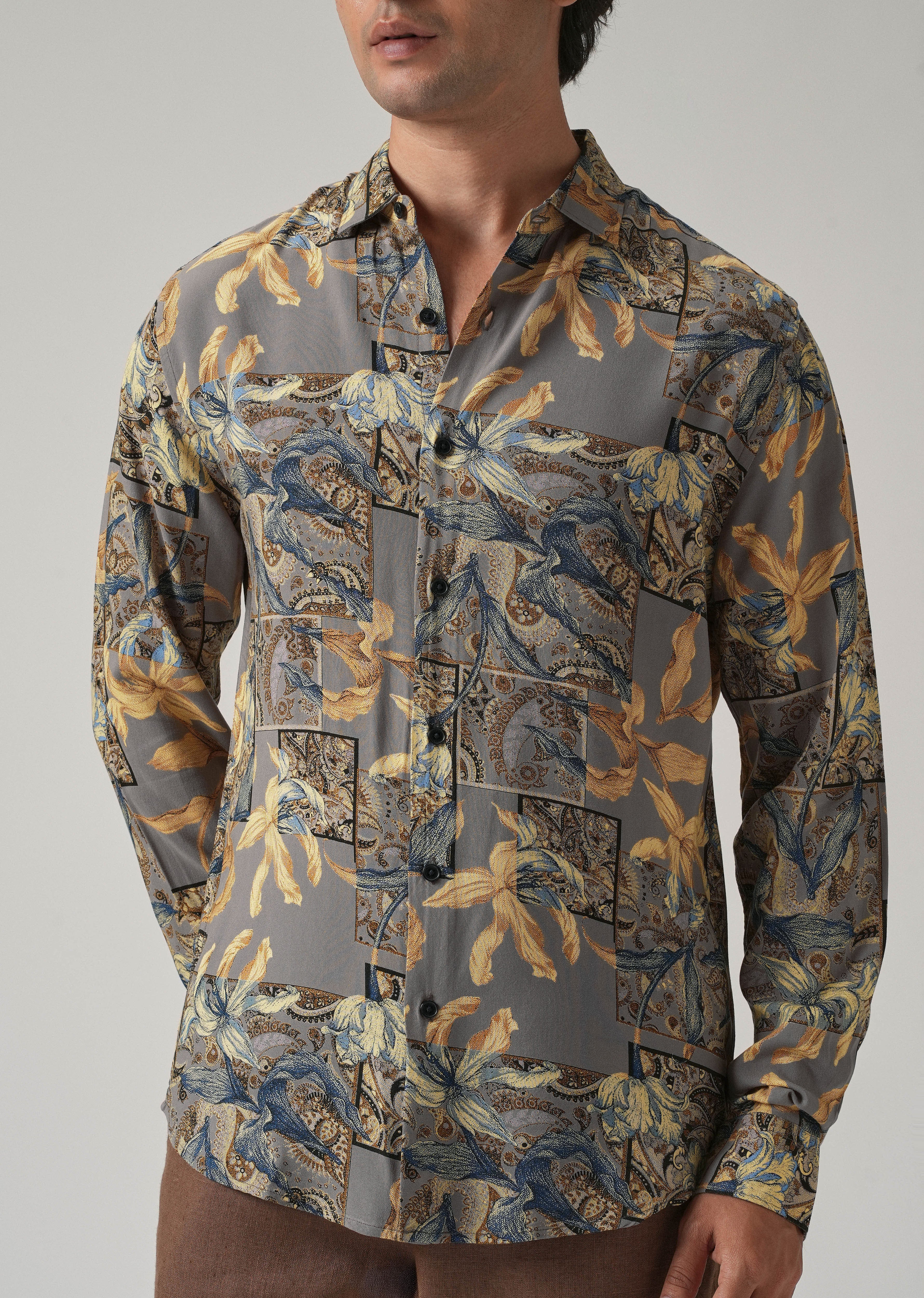 Tan Exotic Lily Print Feather Shirt - Image 7