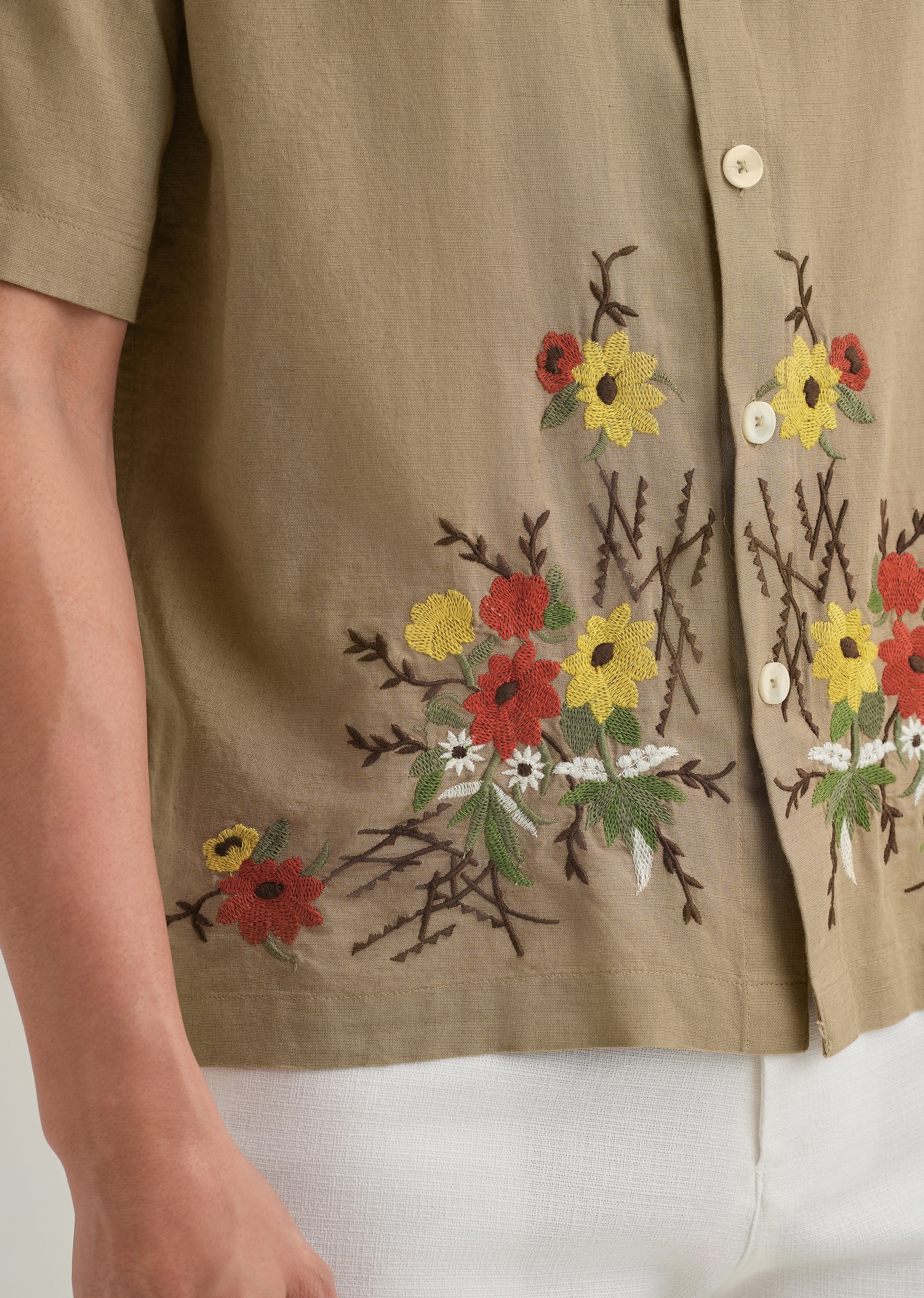 Tan Floral Embroidery Cotton Linen Shirt - Image 3