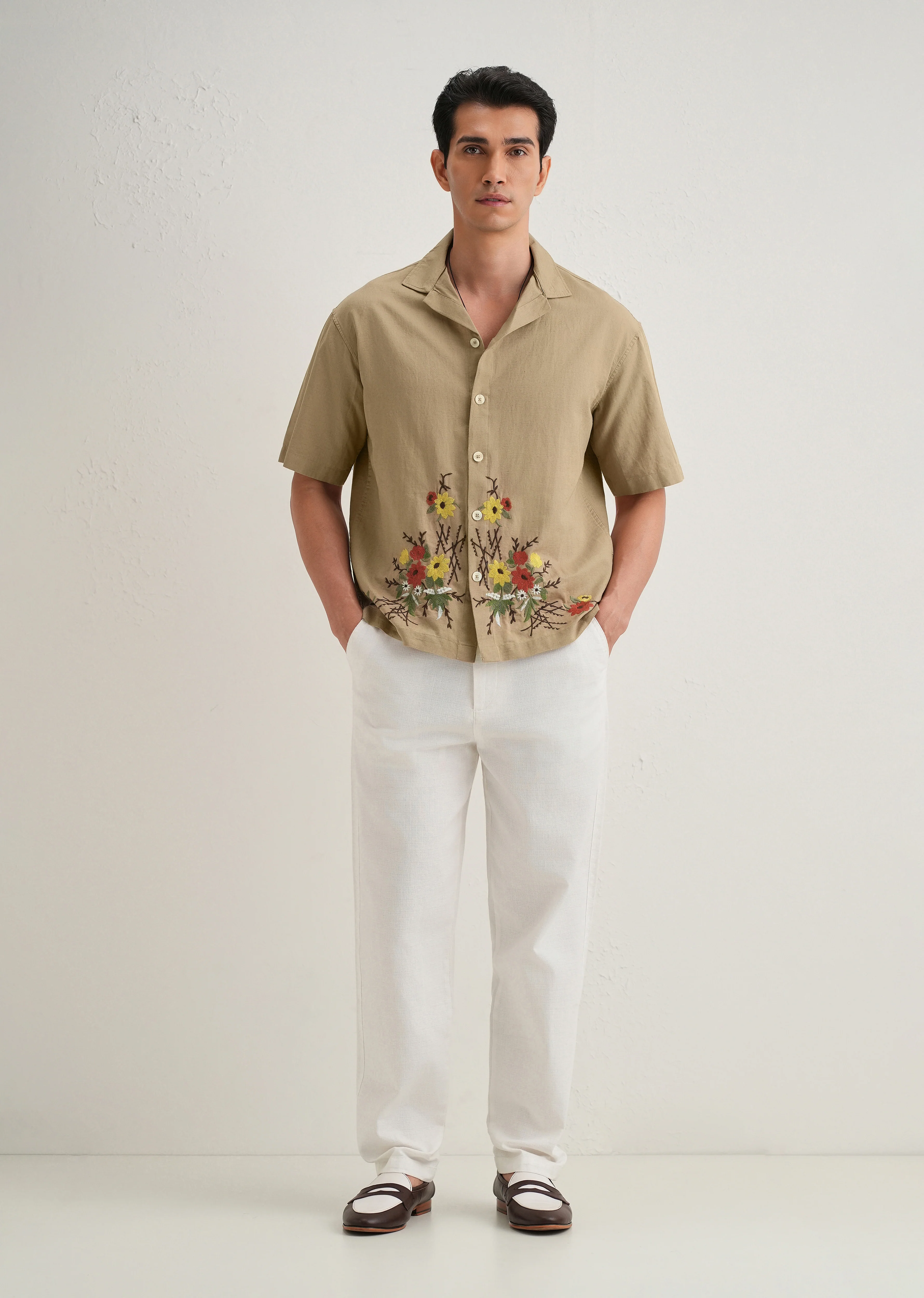 Tan Floral Embroidery Cotton Linen Shirt - Image 8