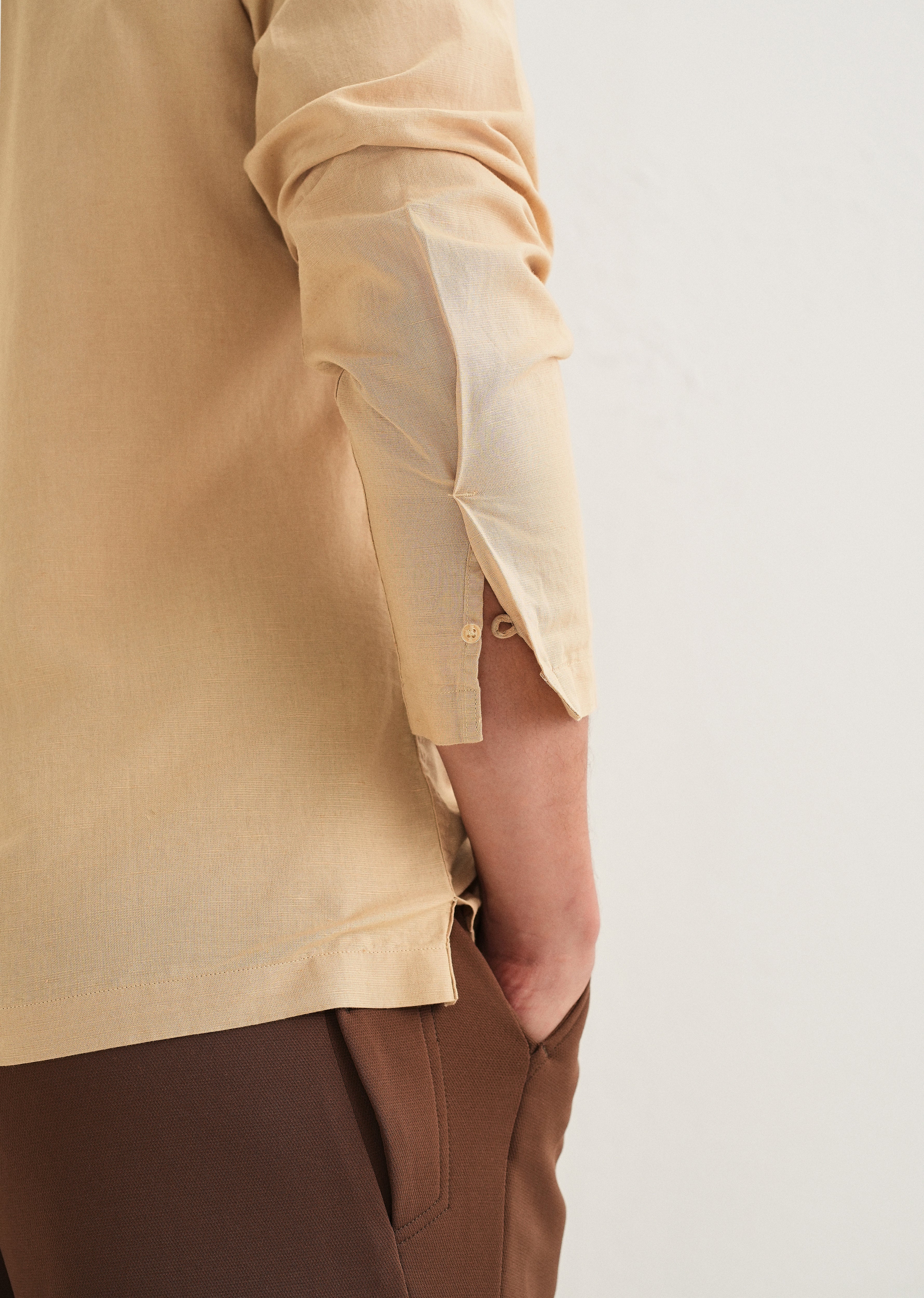 Tan Hidden Sleeve Placket Cotton Linen Shirt - Image 2