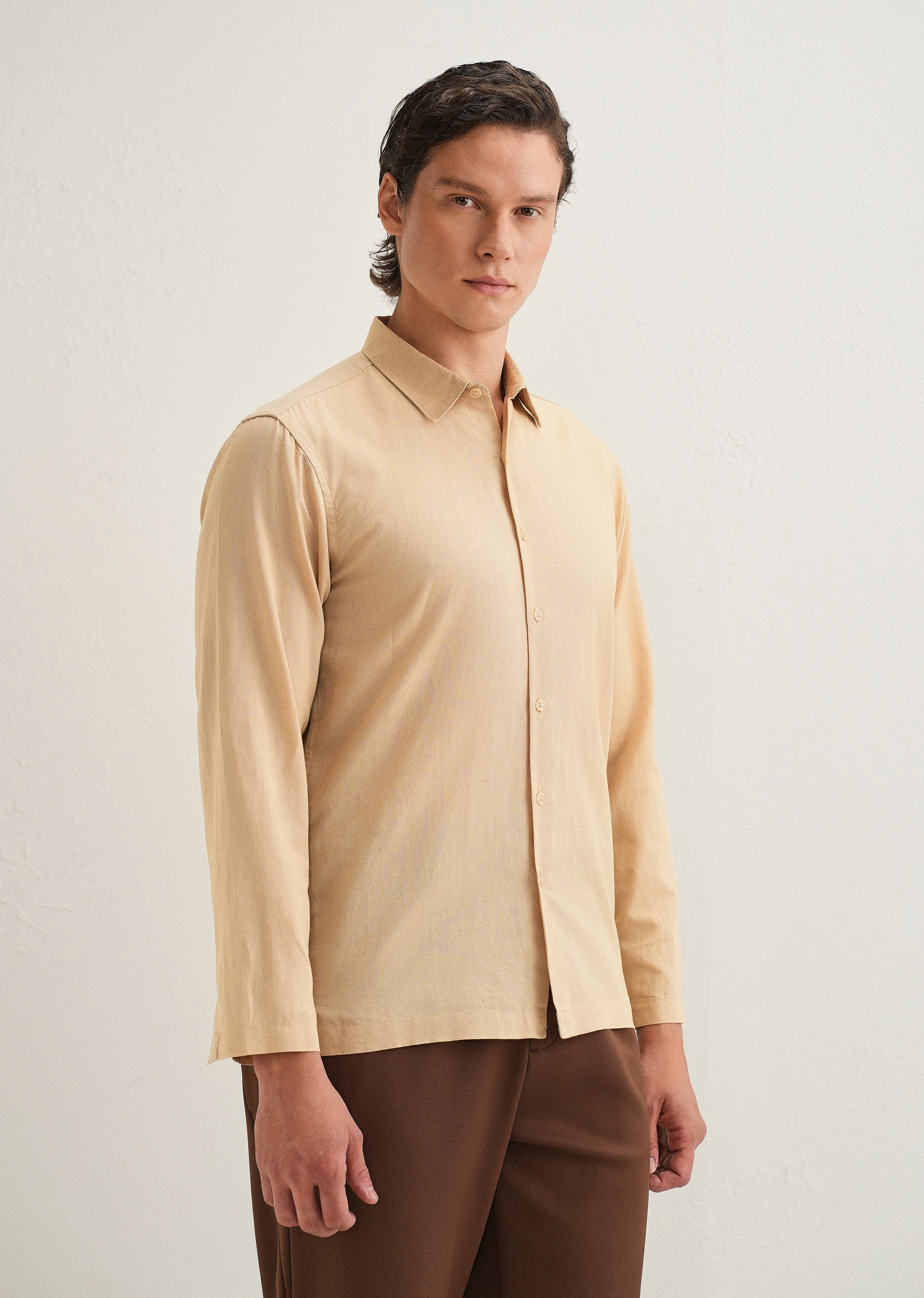 Tan Hidden Sleeve Placket Cotton Linen Shirt - Image 5