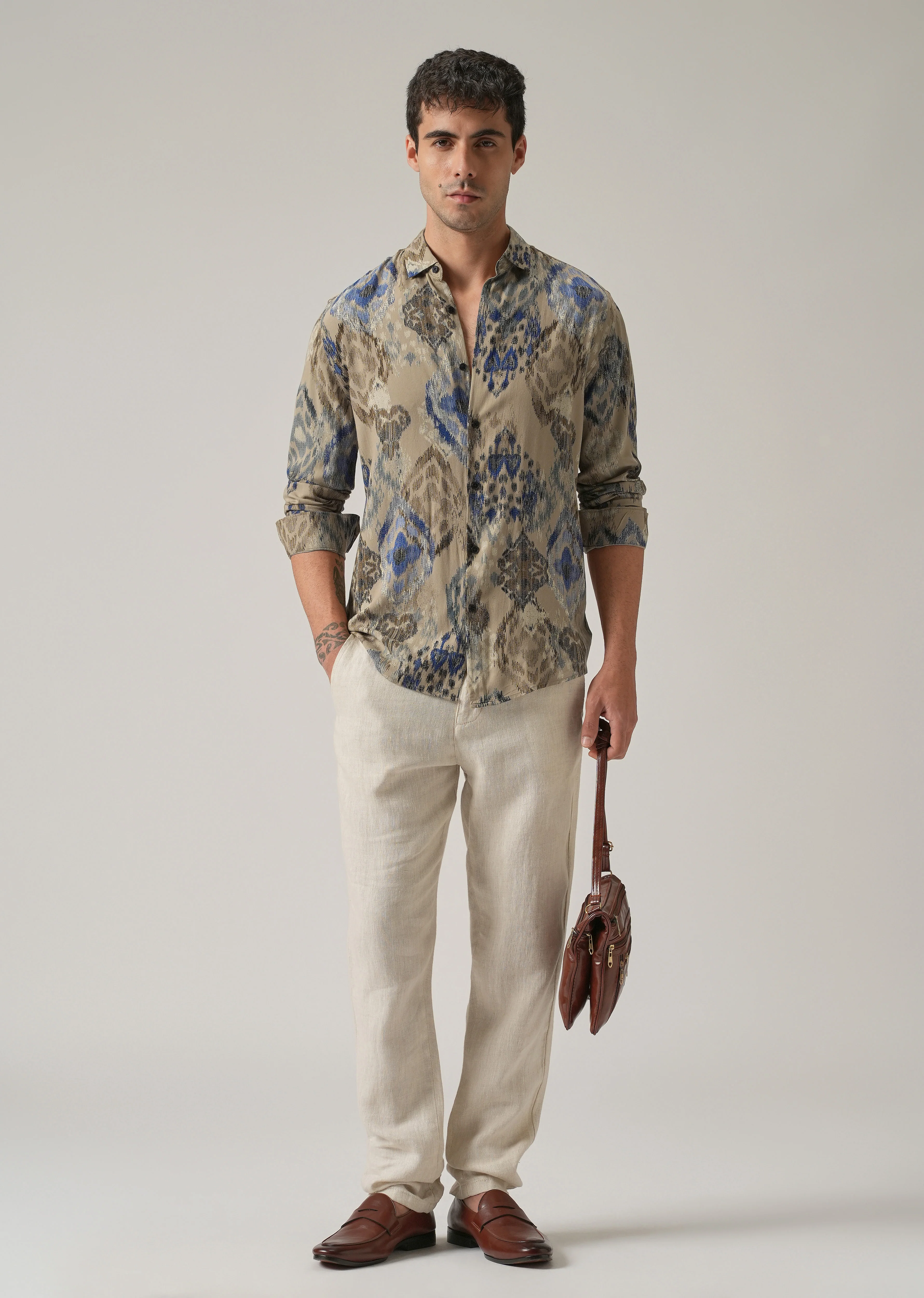 Tan Ikat Motif Print Feather Shirt - Image 6