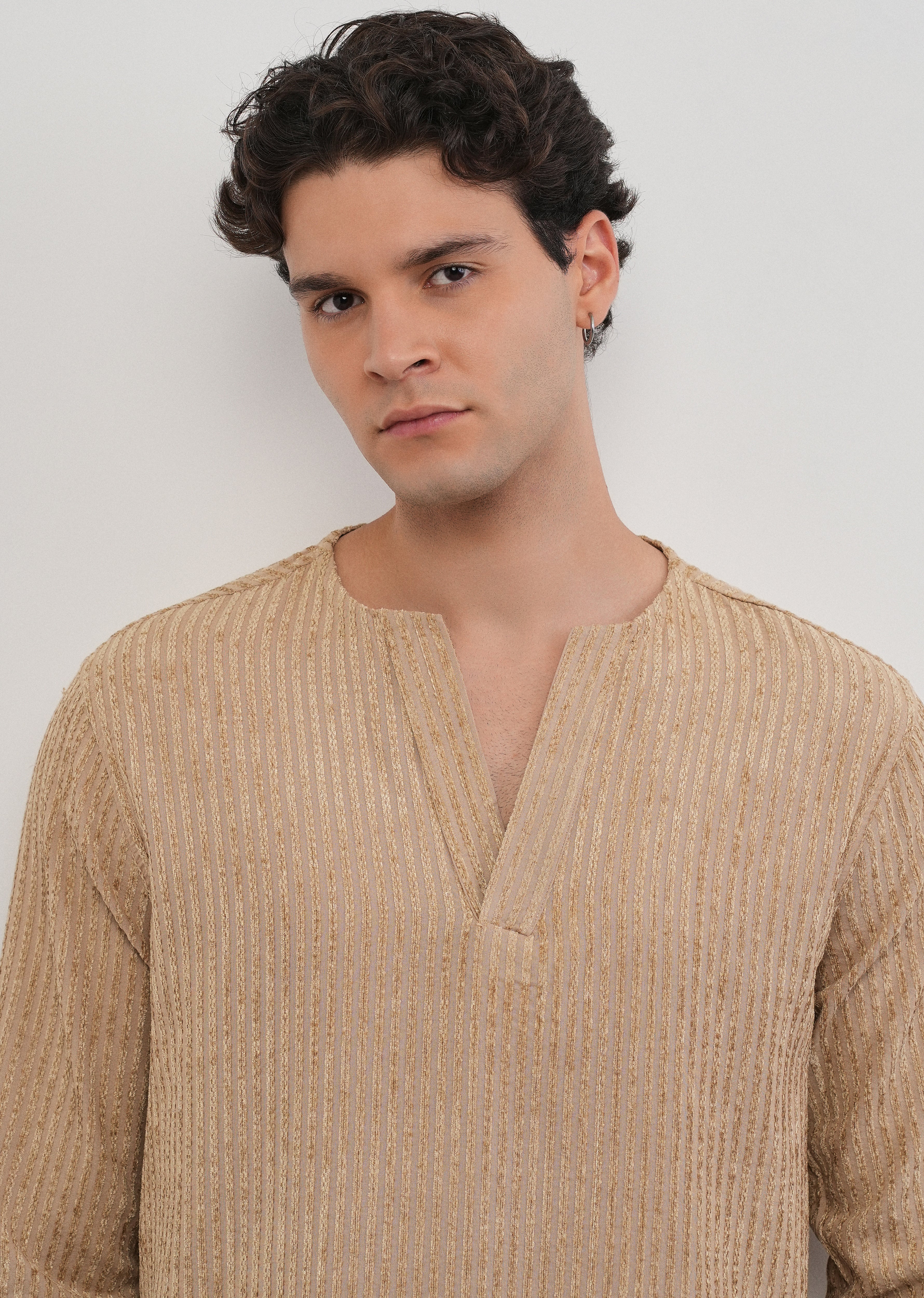 Tan Jacquard Stripe Short Kurta - Image 2