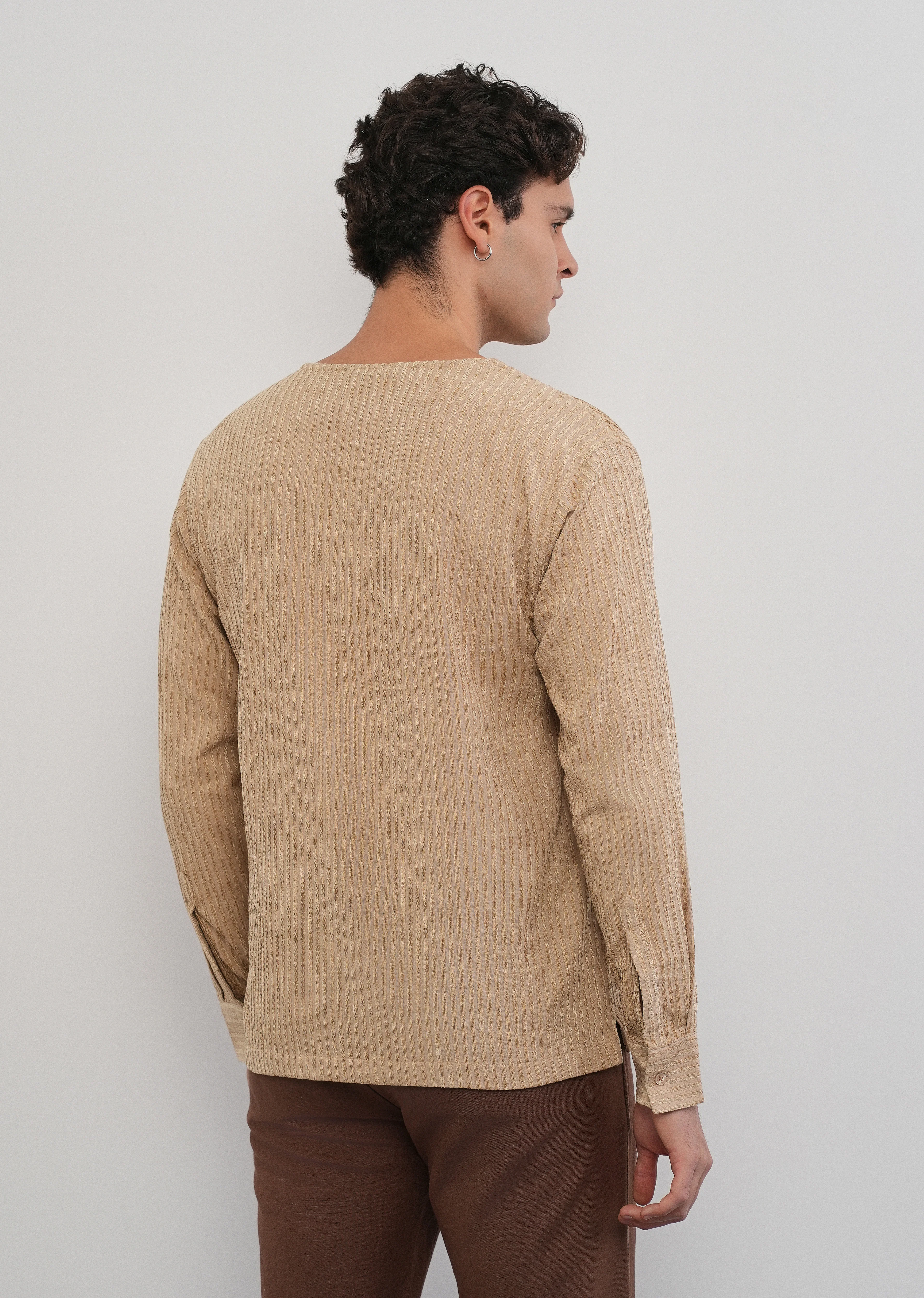 Tan Jacquard Stripe Short Kurta - Image 3