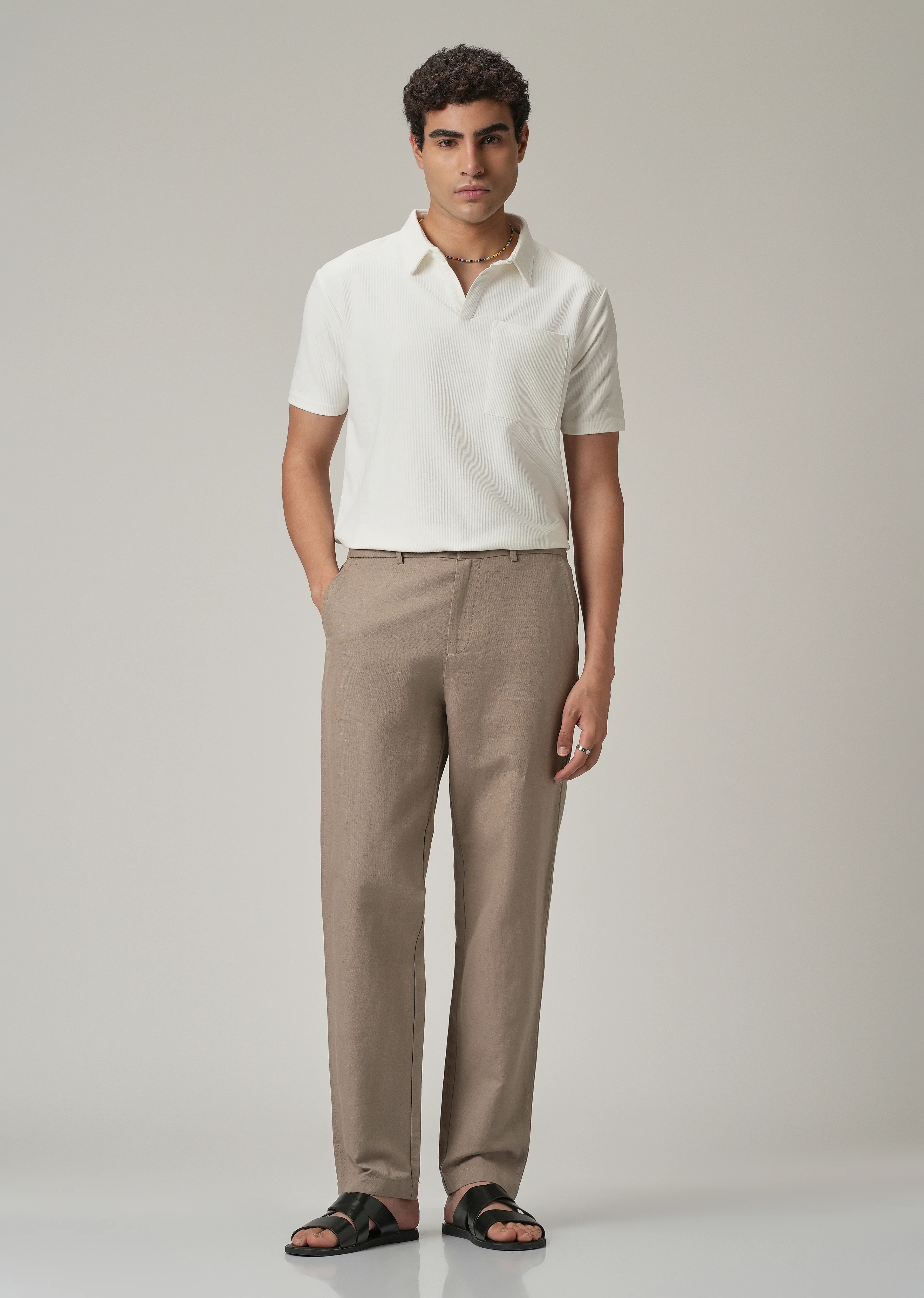 Tan Linen Relaxed Fit Trouser - Image 6