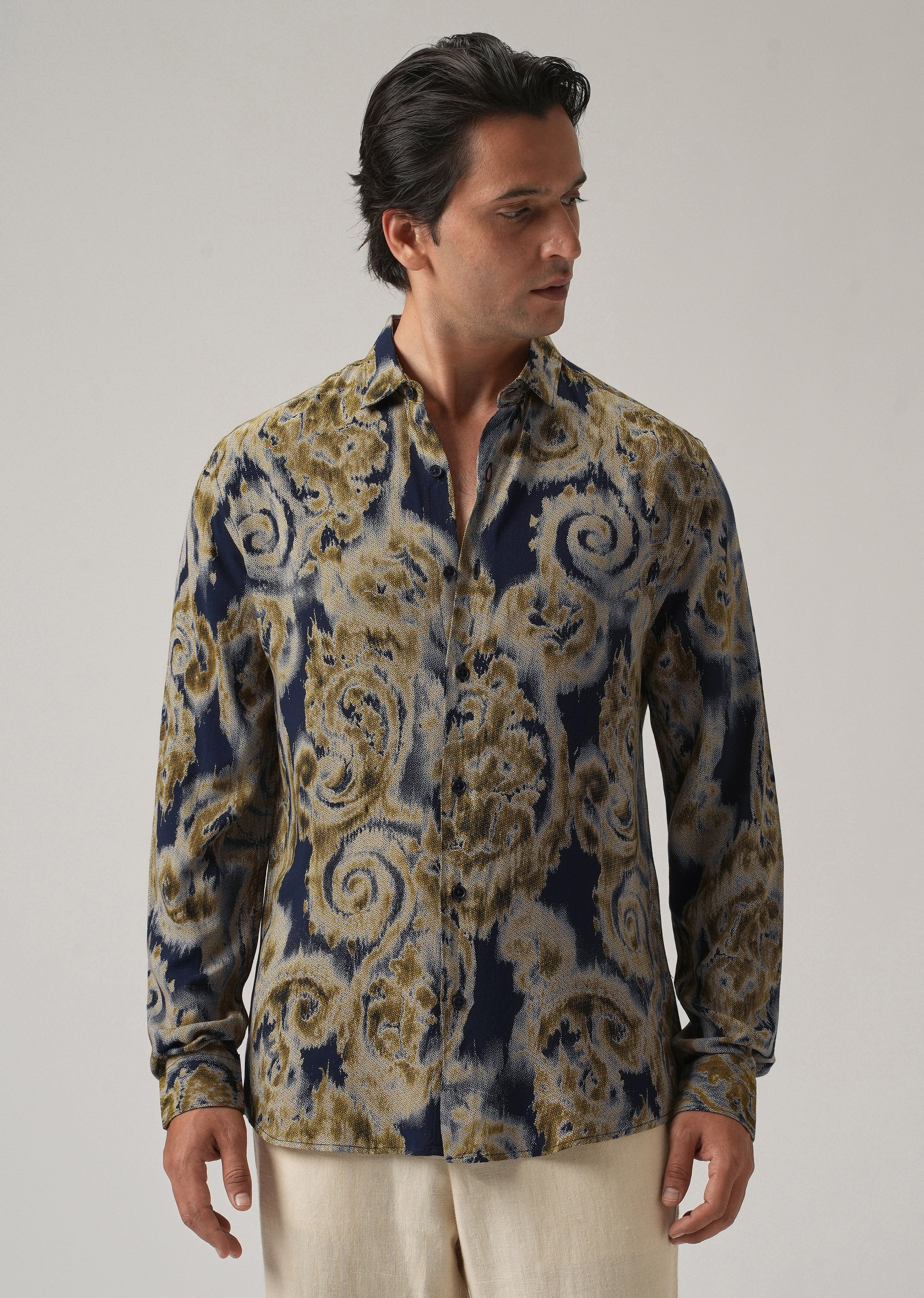 Tan Olive Distort Paisley Print Feather Shirt - Image 3