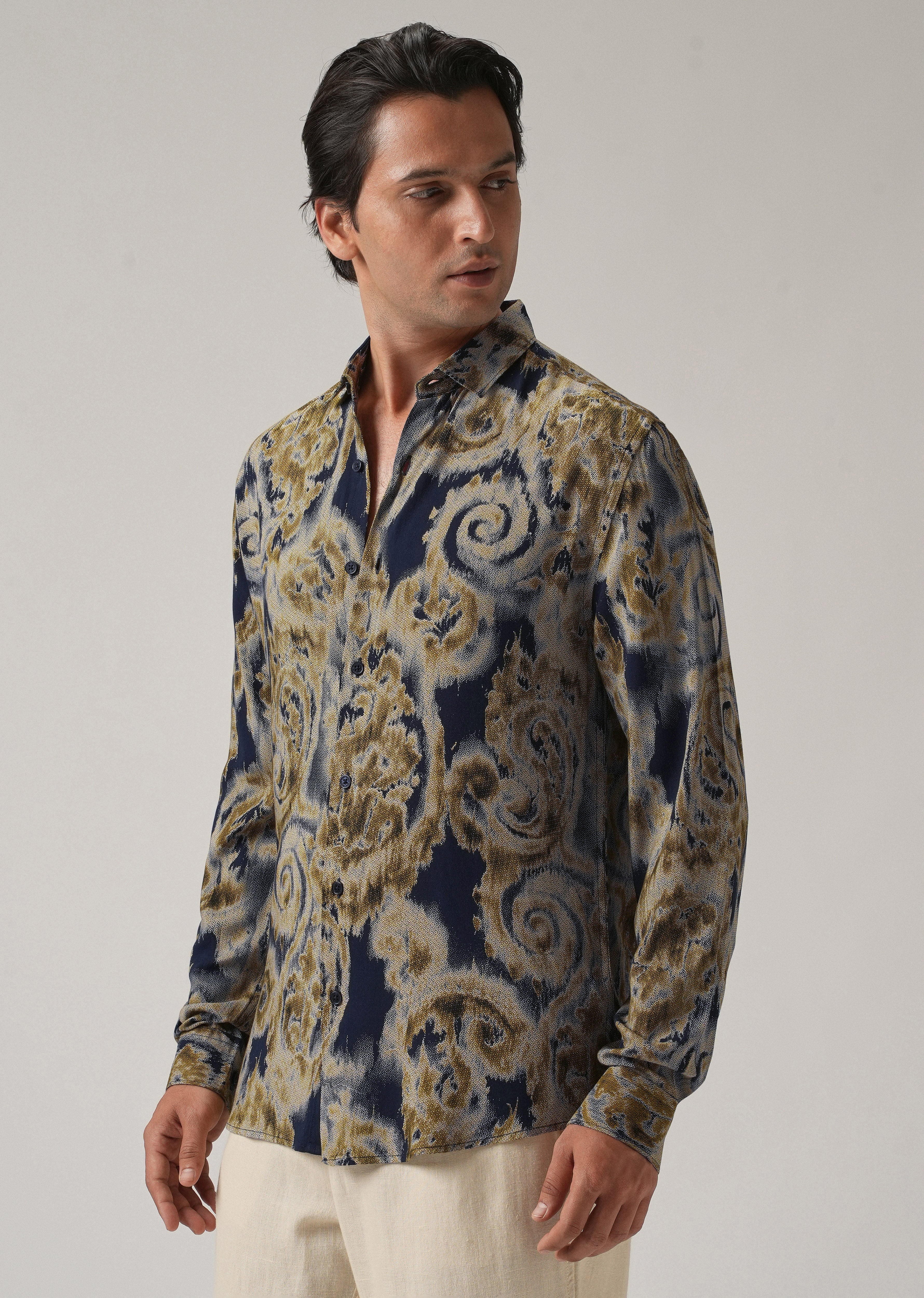 Tan Olive Distort Paisley Print Feather Shirt - Image 4