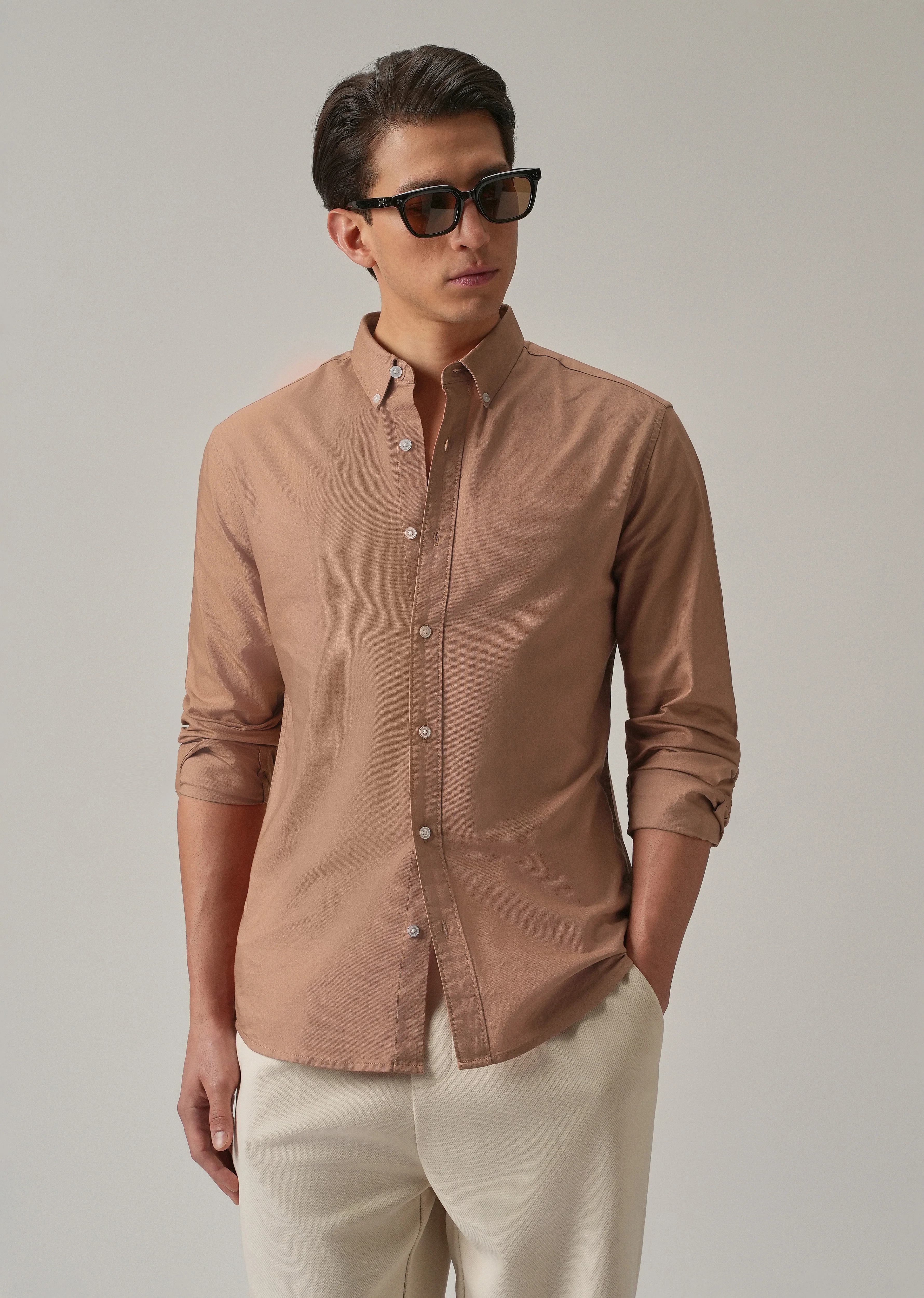 Tan Peach Plain Elbow Patch Oxford Shirt - Image 7