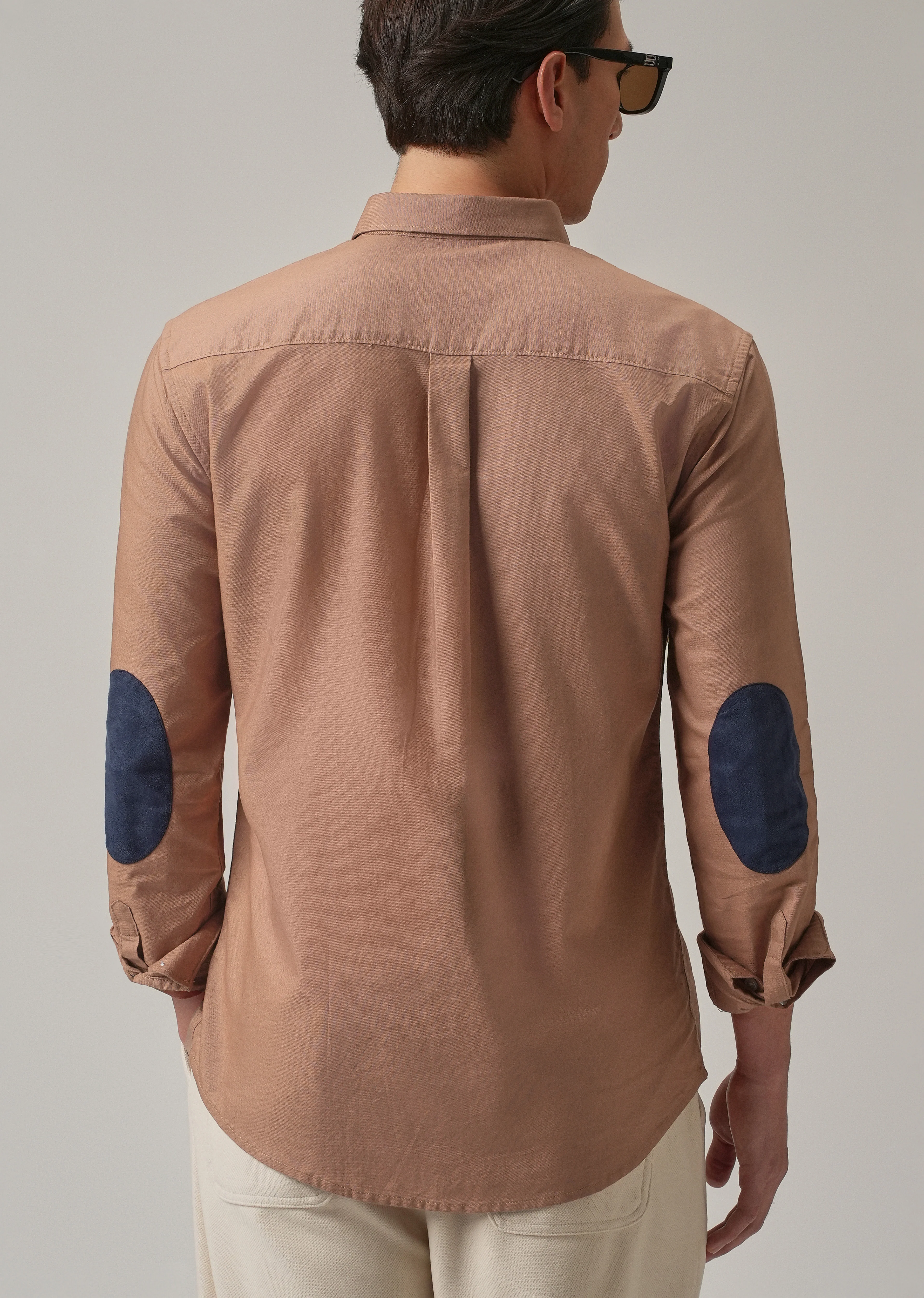 Tan Peach Plain Elbow Patch Oxford Shirt - Image 9