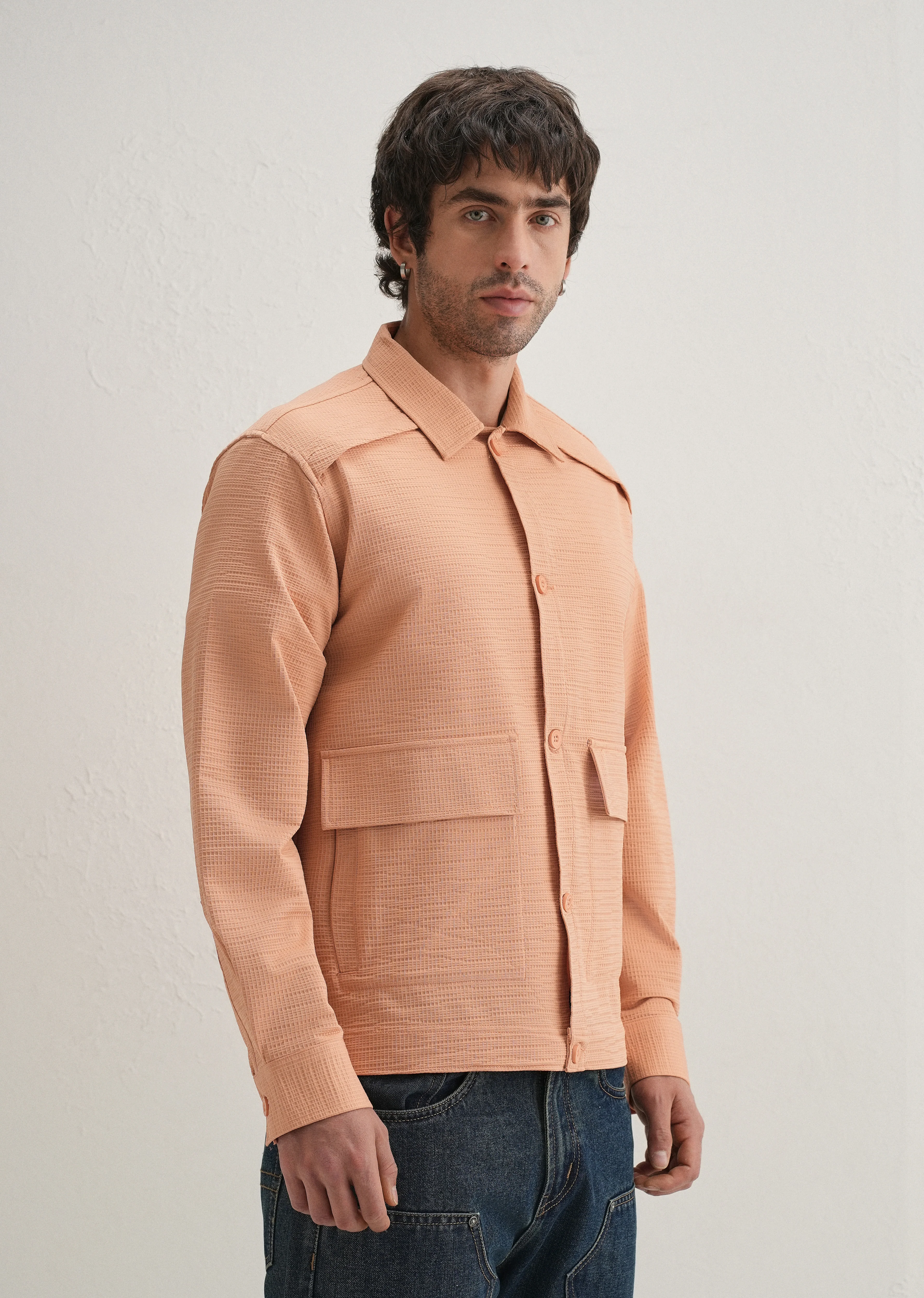 Tan Peach Waffle Textured Shacket - Image 4