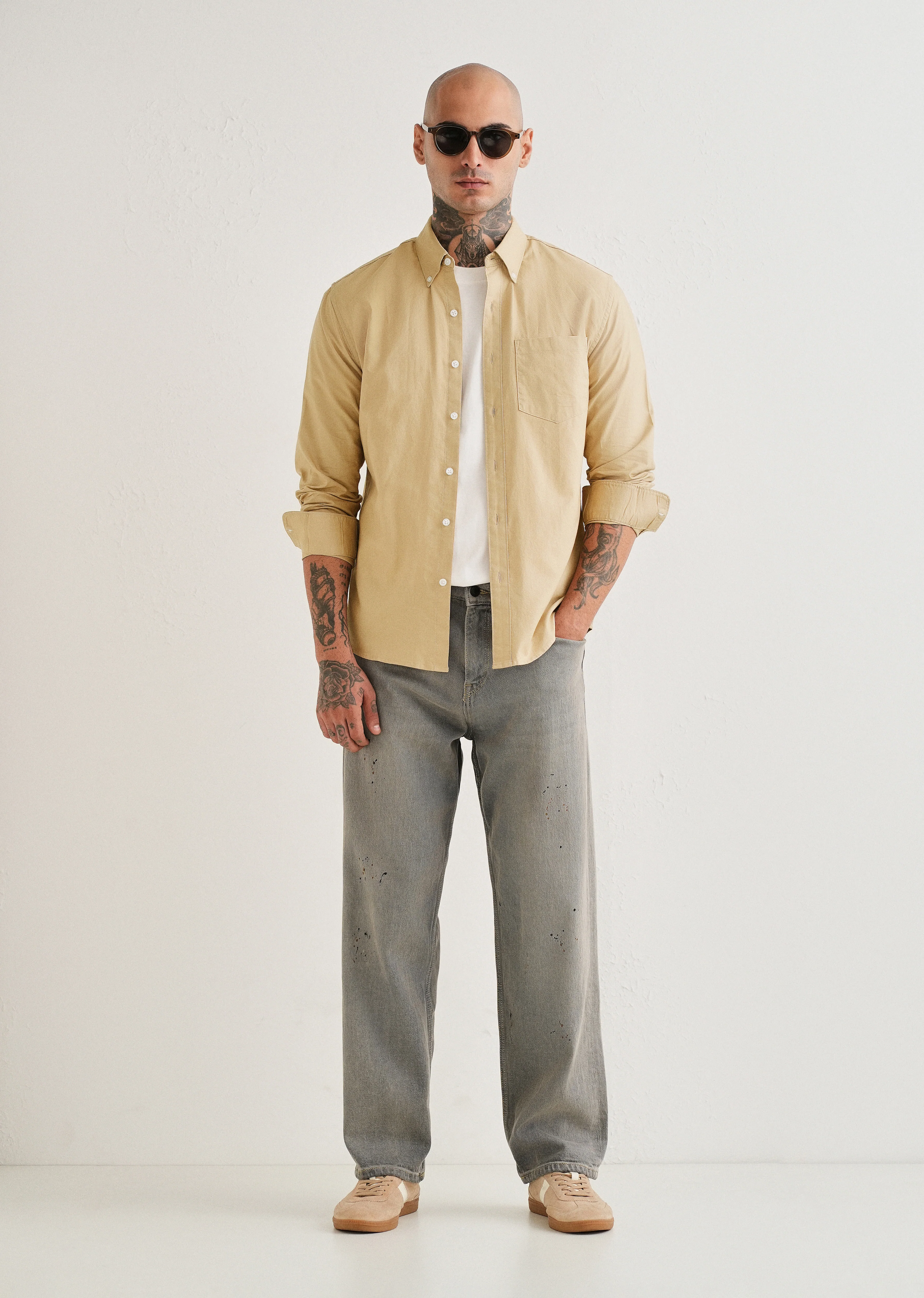 Tan Plain Cotton Oxford Shirt - Image 6