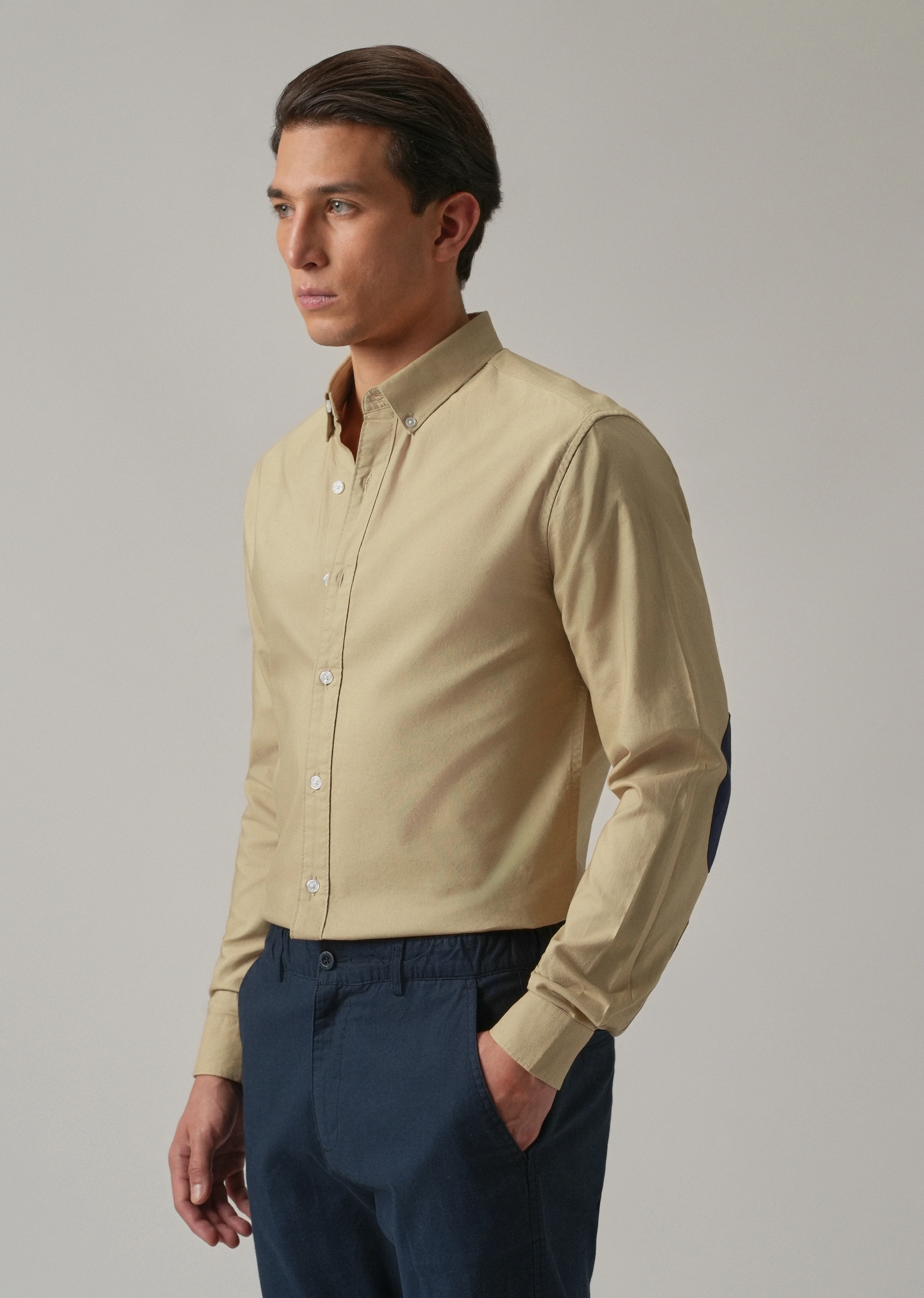 Tan Plain Elbow Patch Oxford Shirt - Image 7