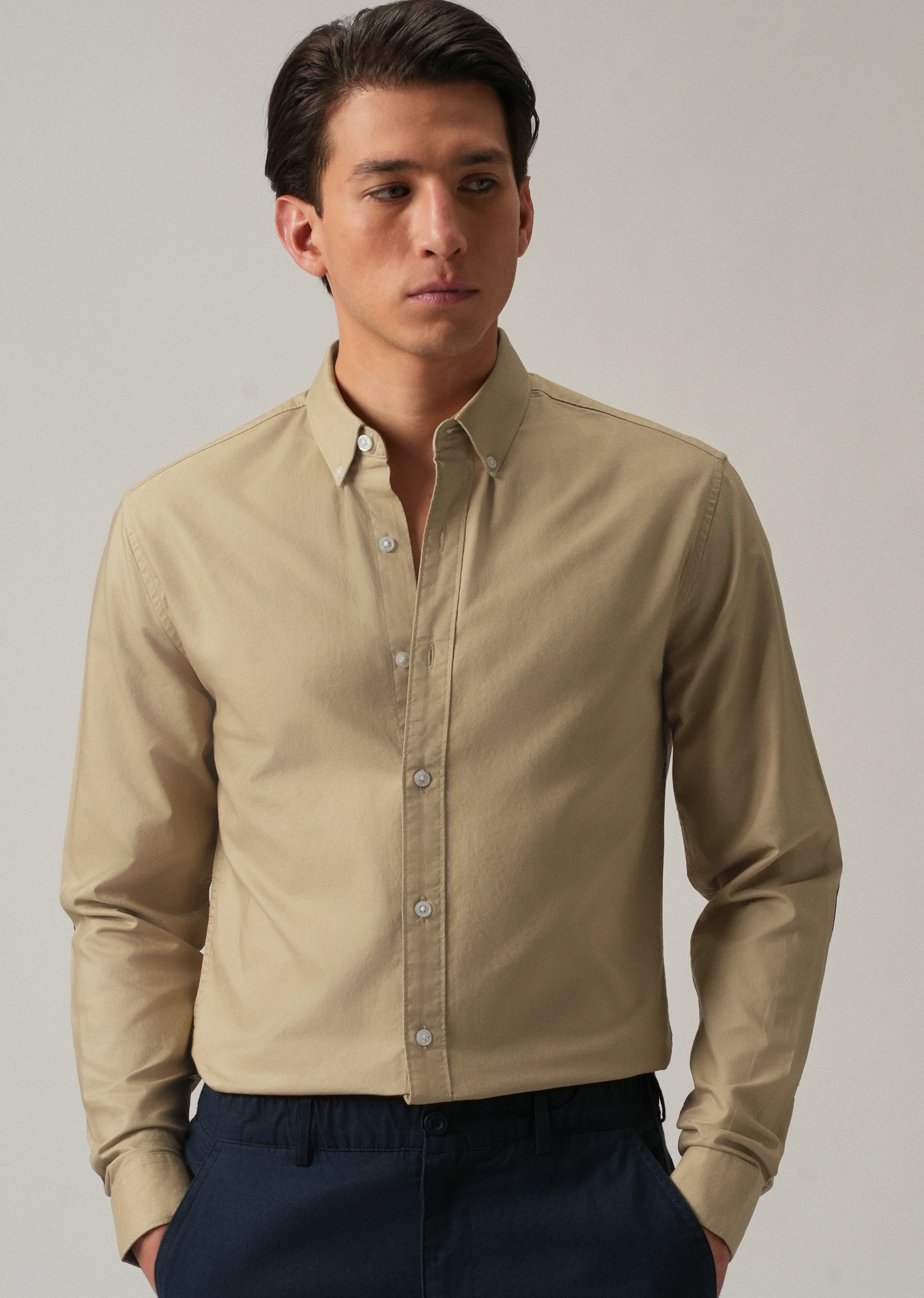 Tan Plain Elbow Patch Oxford Shirt - Image 9