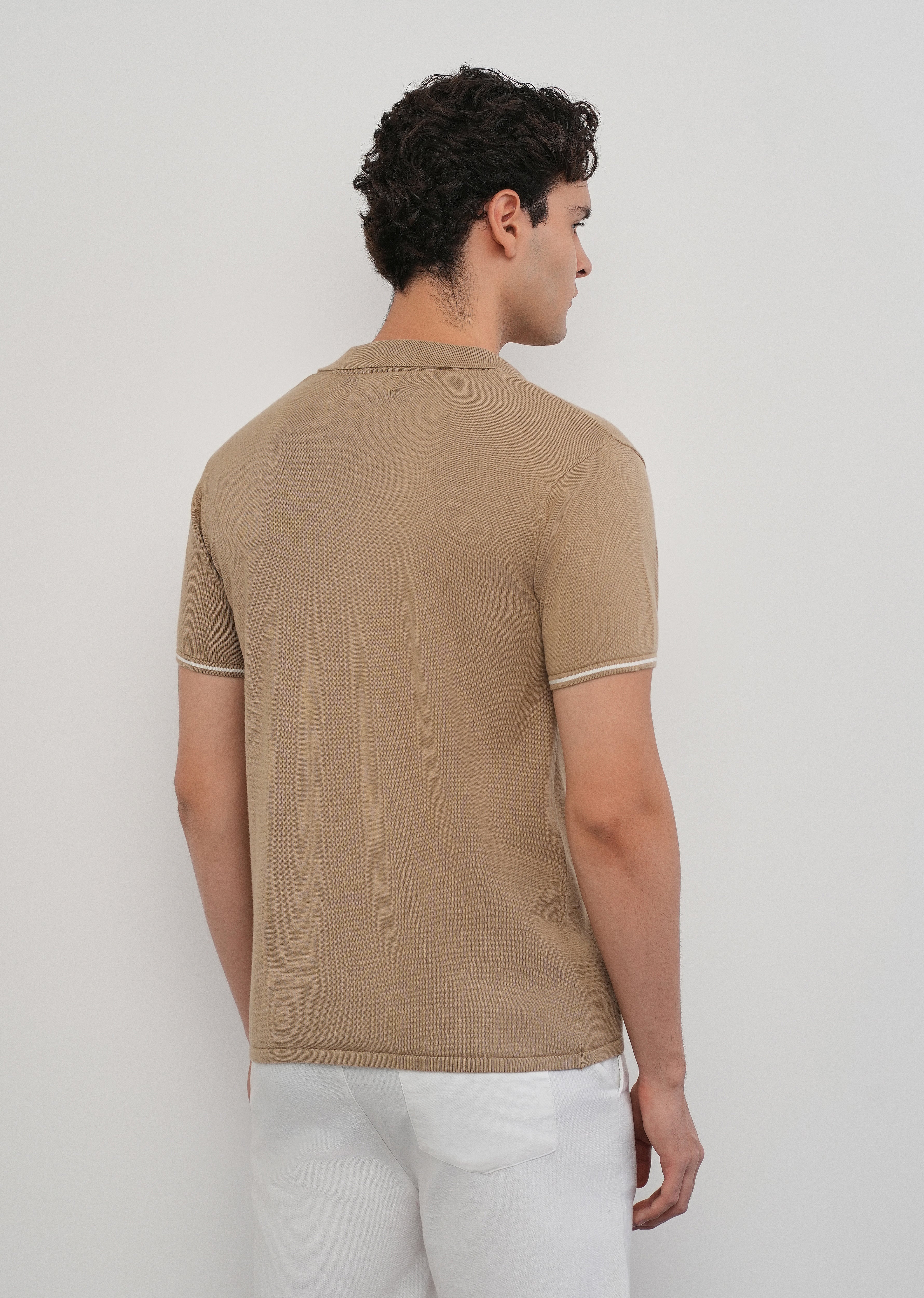 Tan Plain Knit Cuban Collar Shirt - Image 2