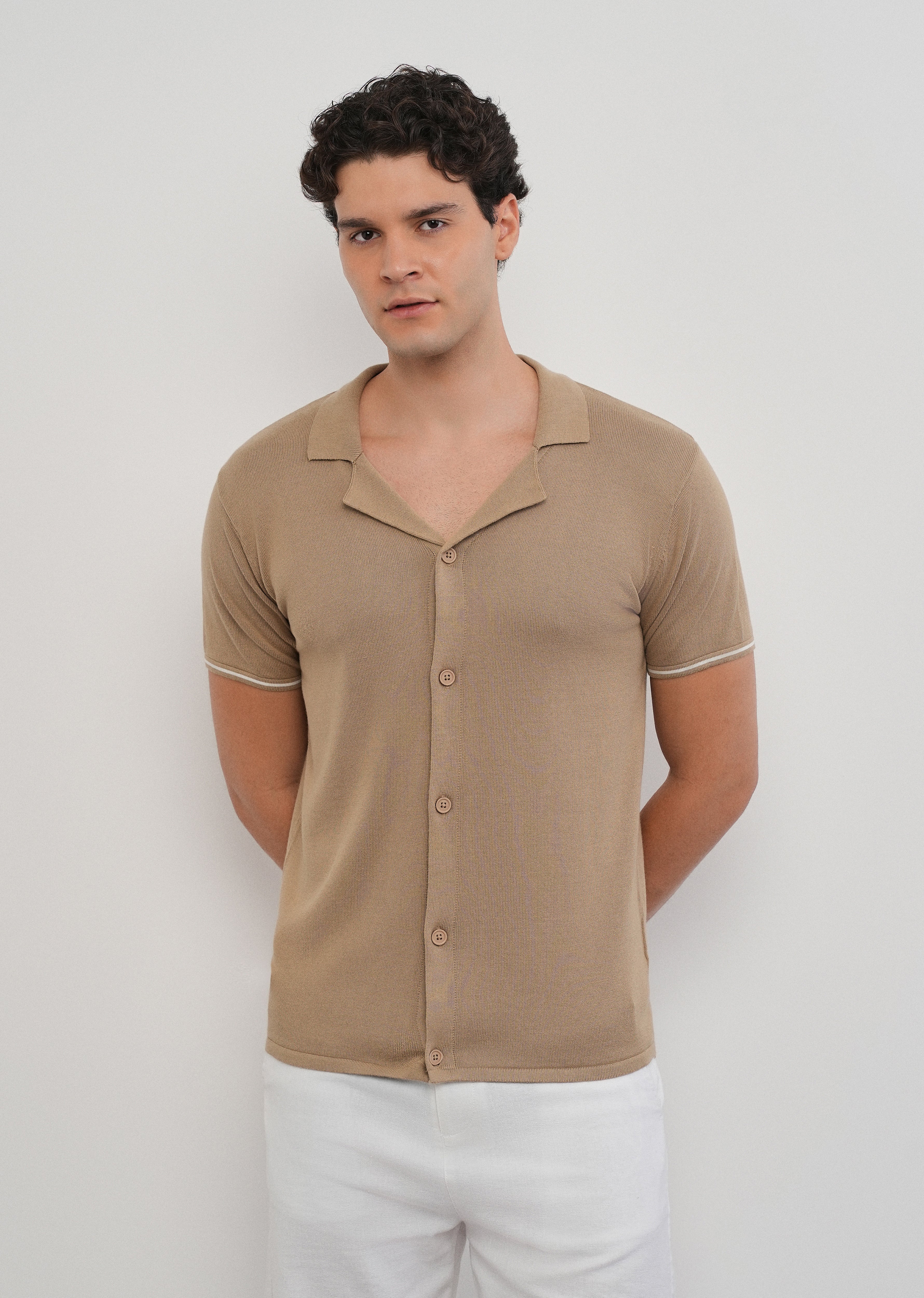 Tan Plain Knit Cuban Collar Shirt - Image 3
