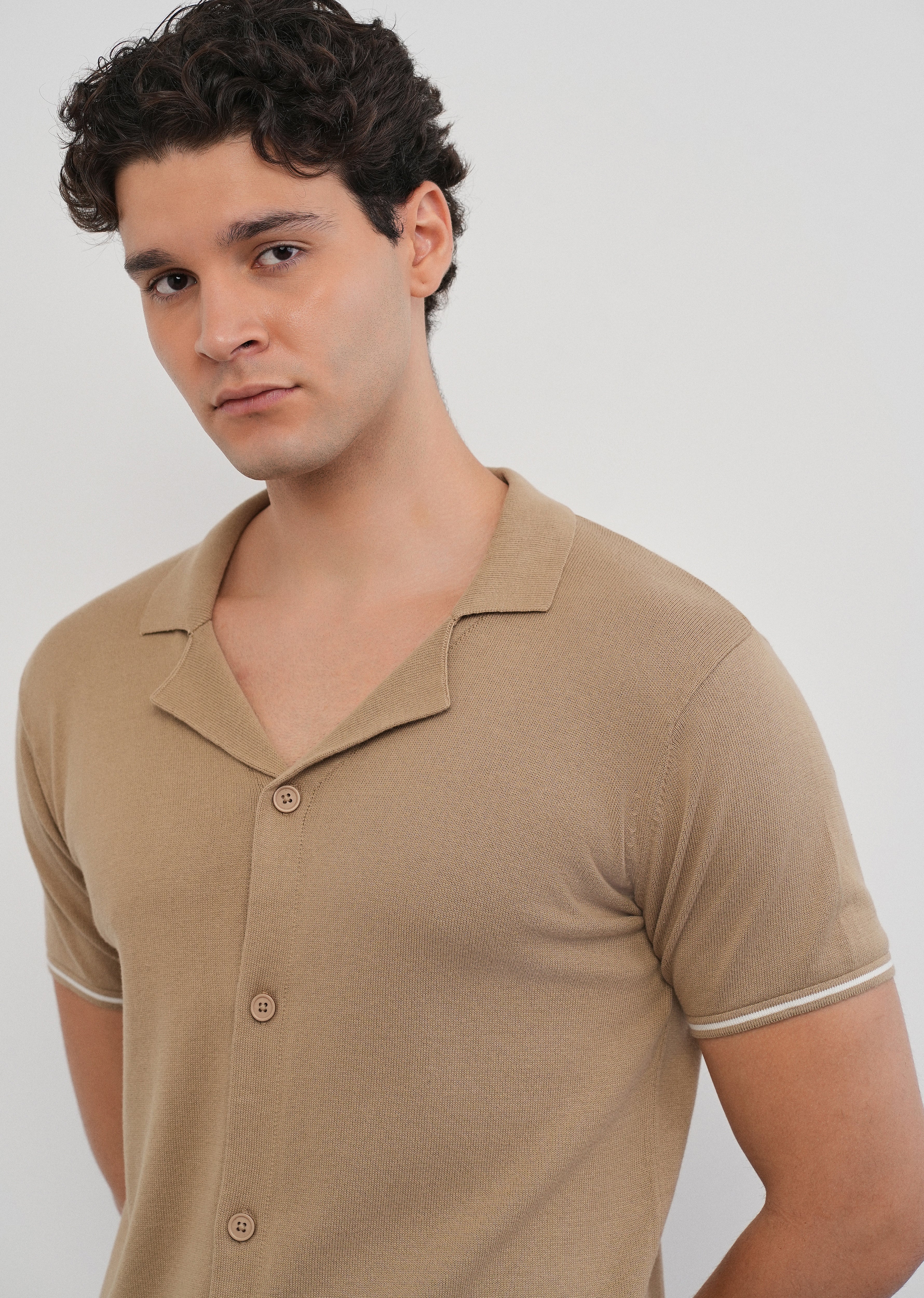 Tan Plain Knit Cuban Collar Shirt - Image 5