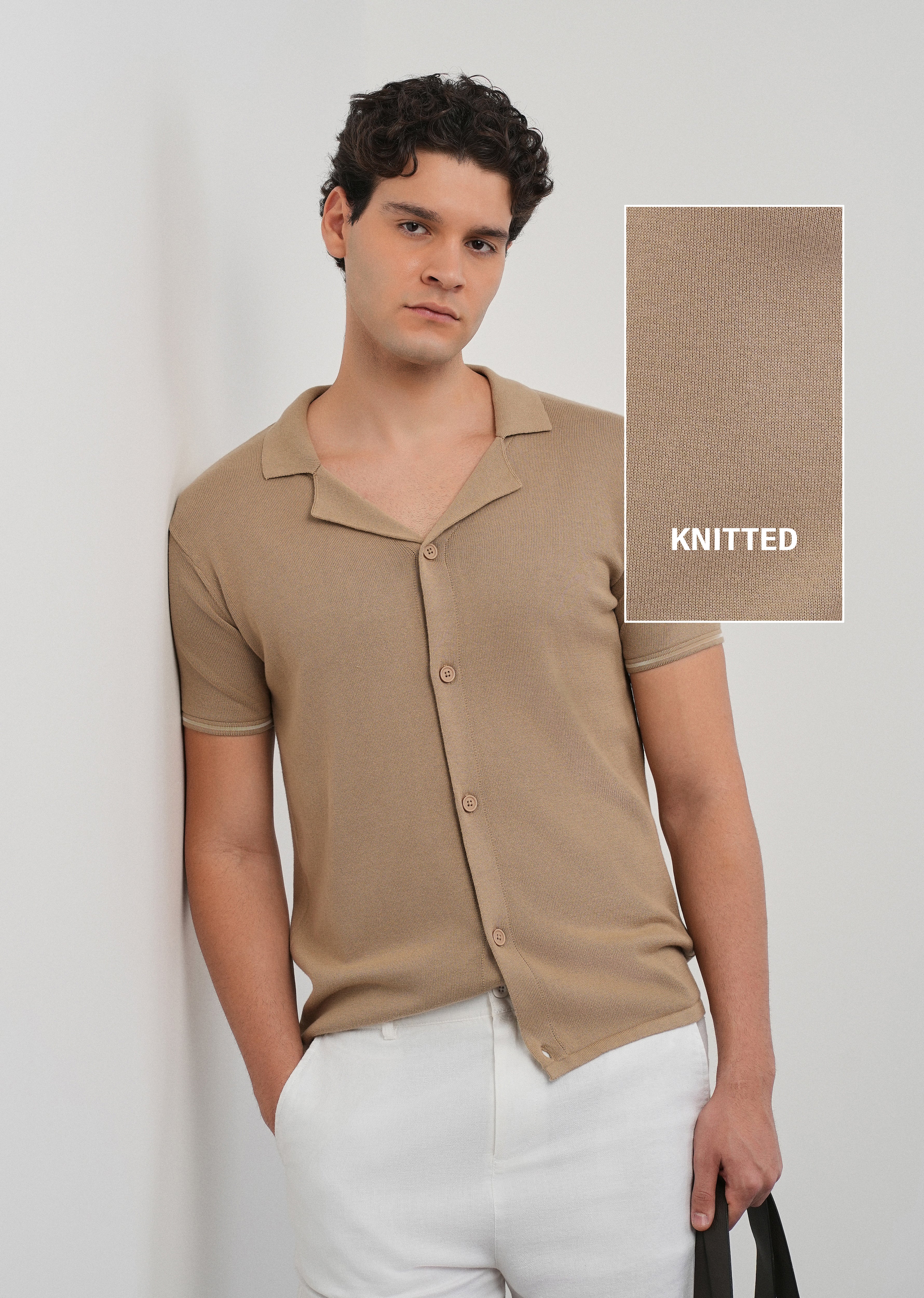 Tan Plain Knit Cuban Collar Shirt - Image 7
