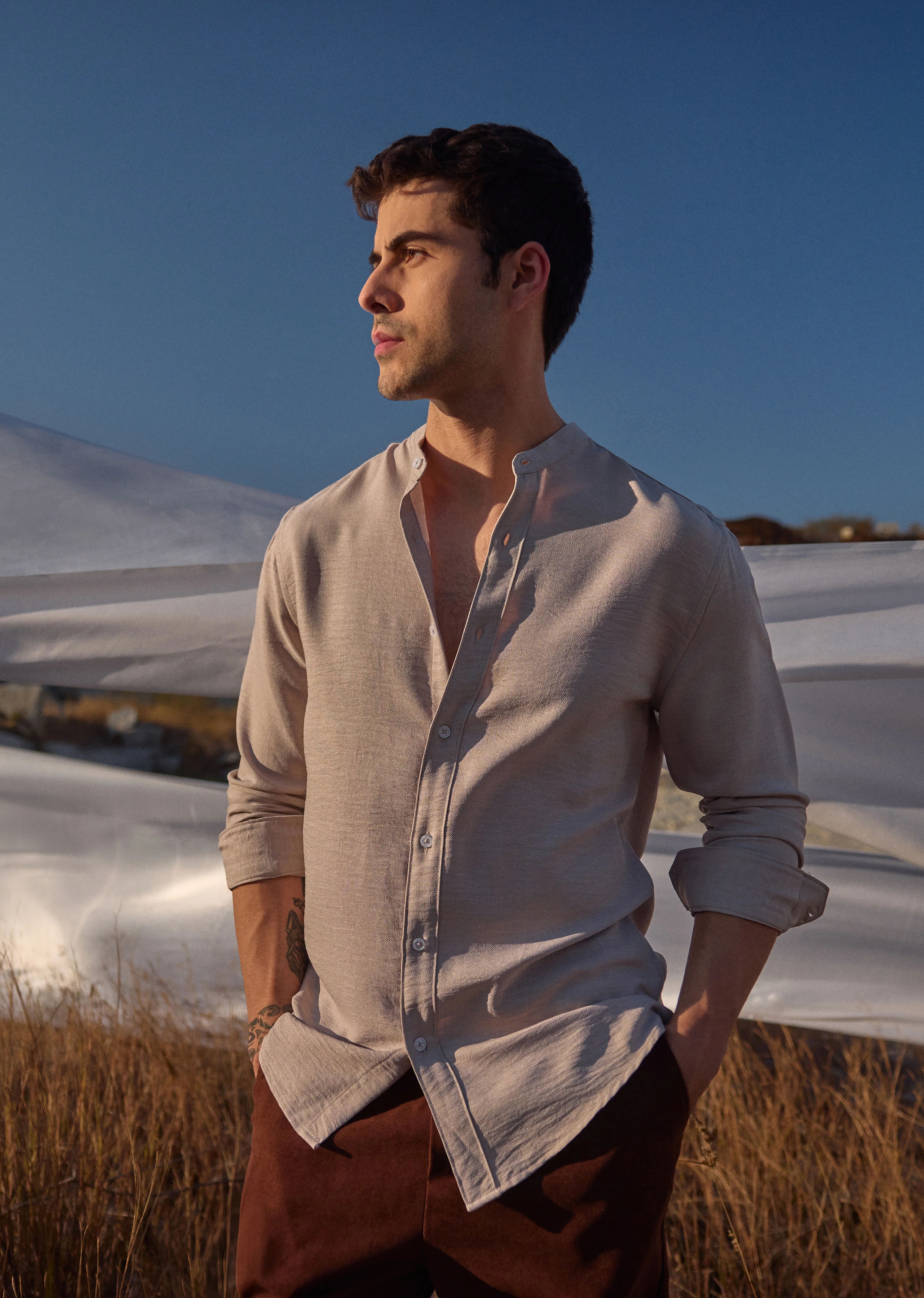 Tan Plain Mandarin Collar Shirt - Image 2