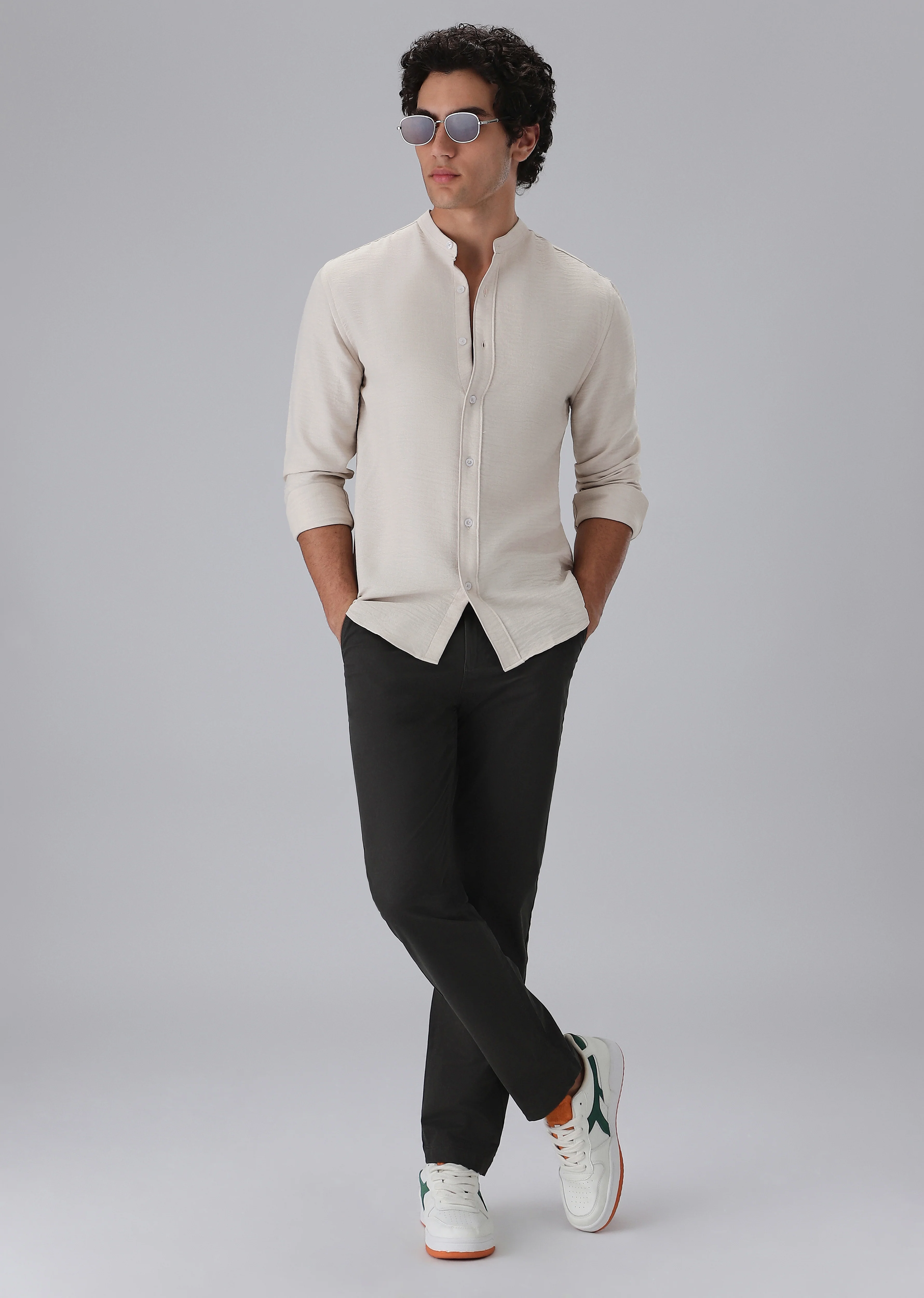 Tan Plain Mandarin Collar Shirt - Image 7