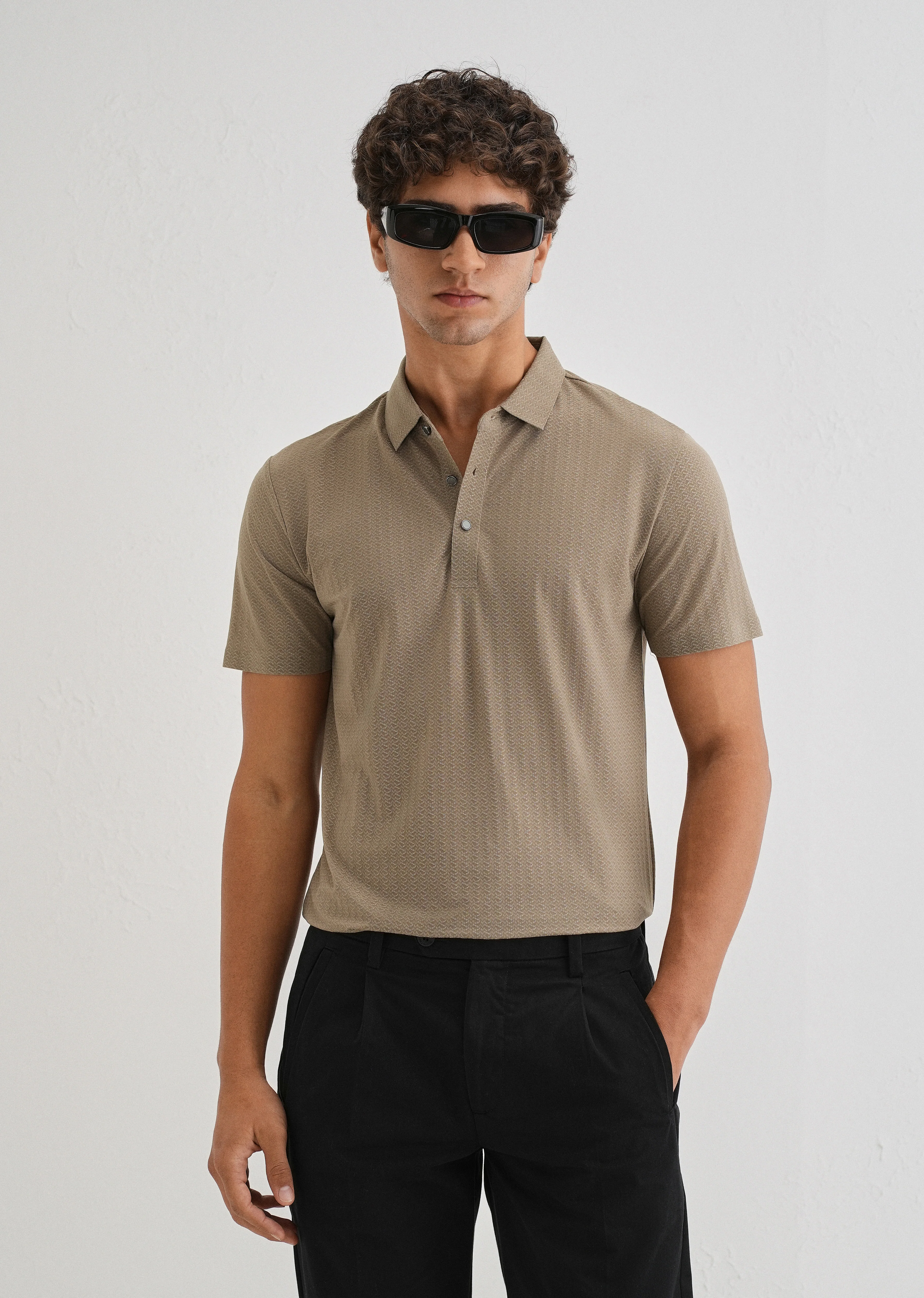 Tan Polo Collar Printed Seamless T-shirt - Image 2