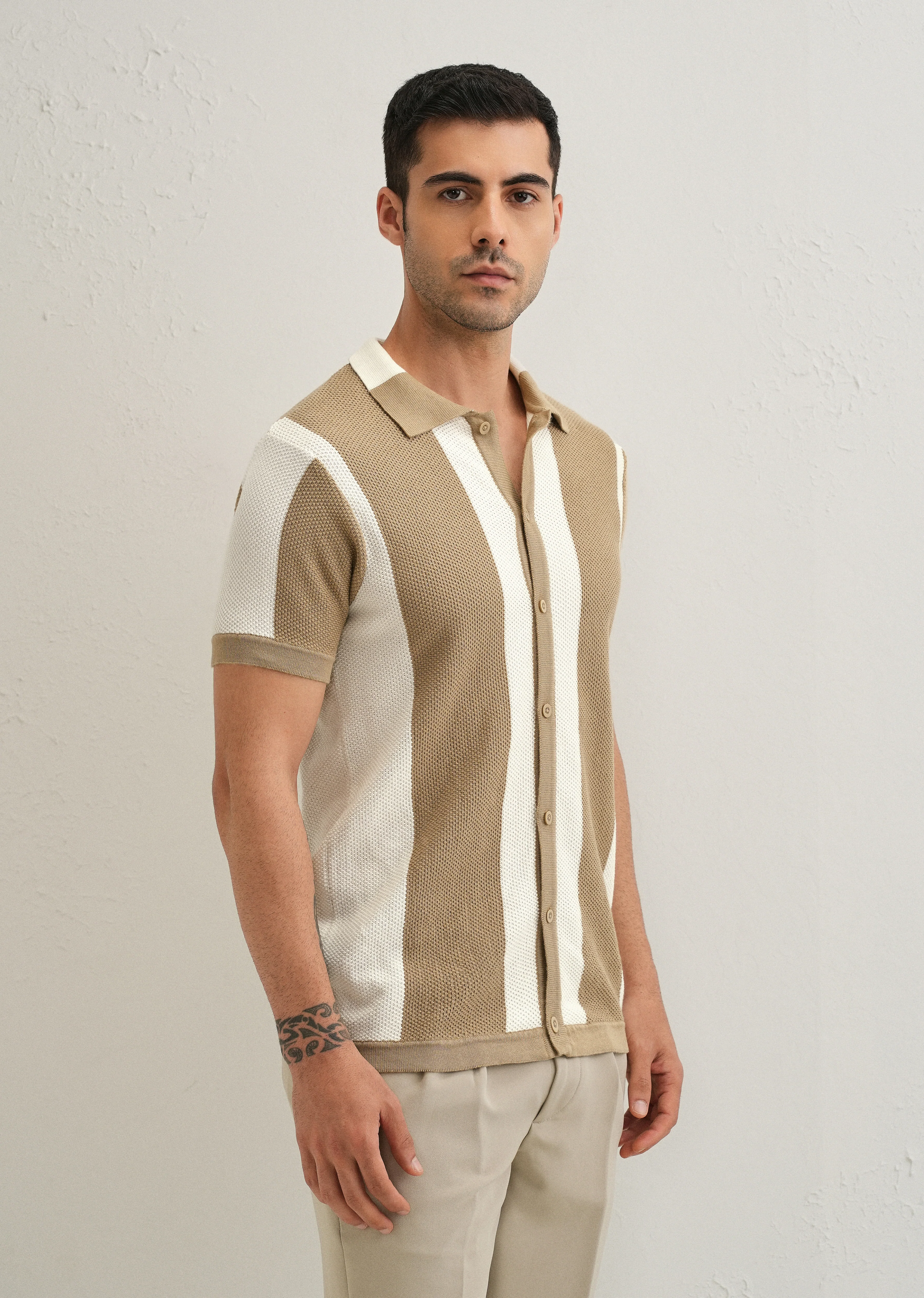 Tan Stripe Knitted Shirt - Image 4