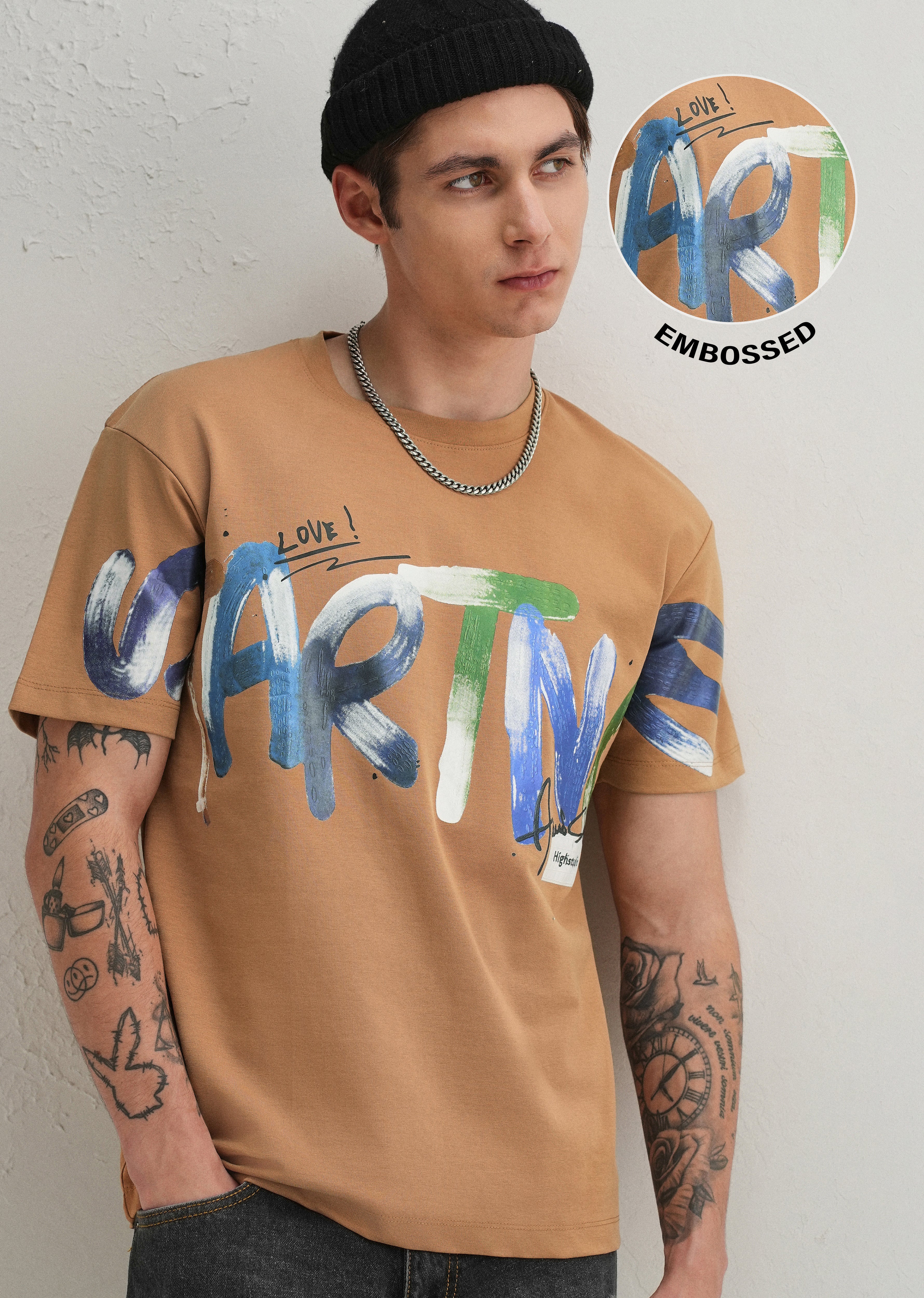 Tan Textured Print T-Shirt - Image 8
