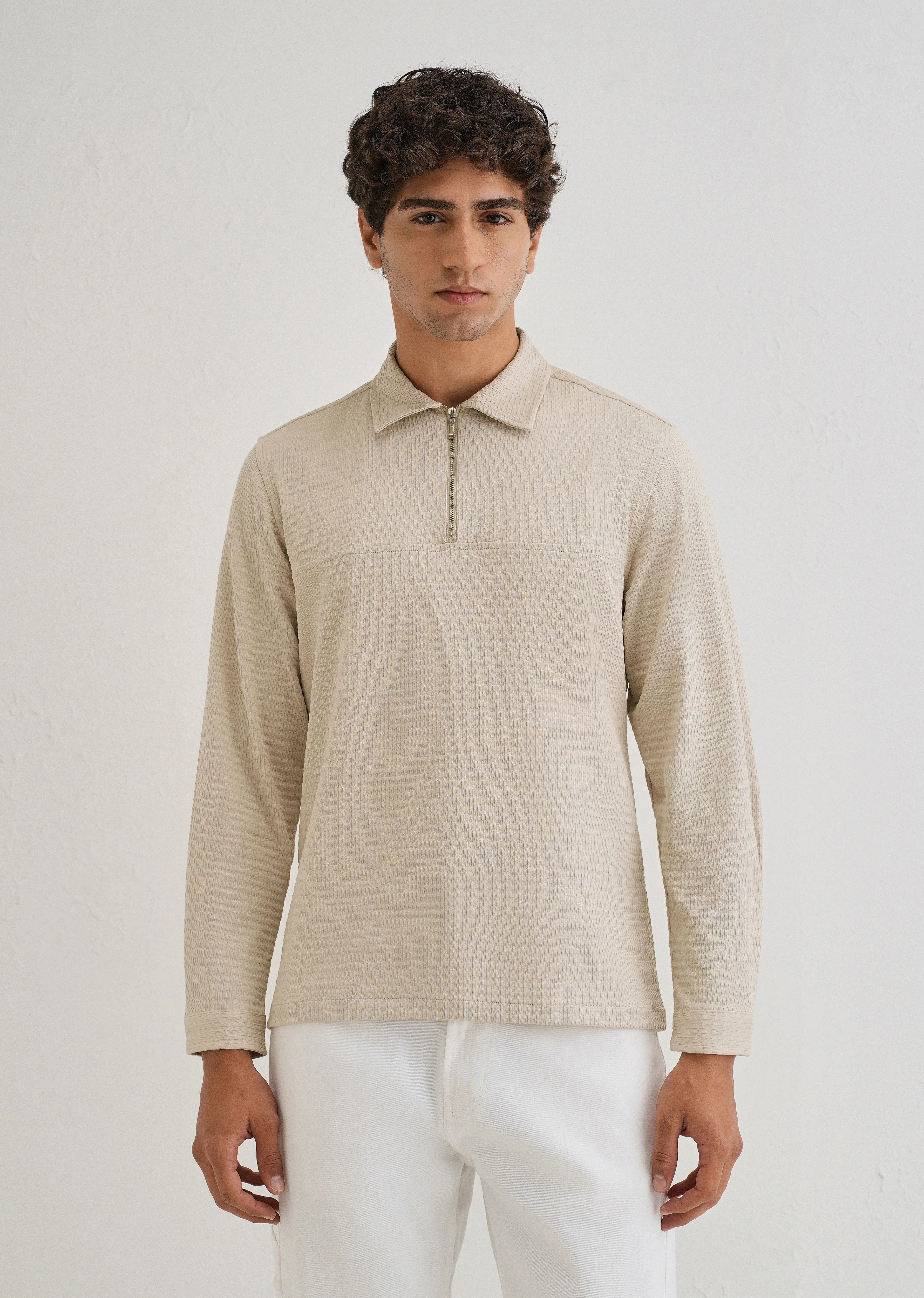 Tan Zipper Polo Knit T-shirt - Image 3