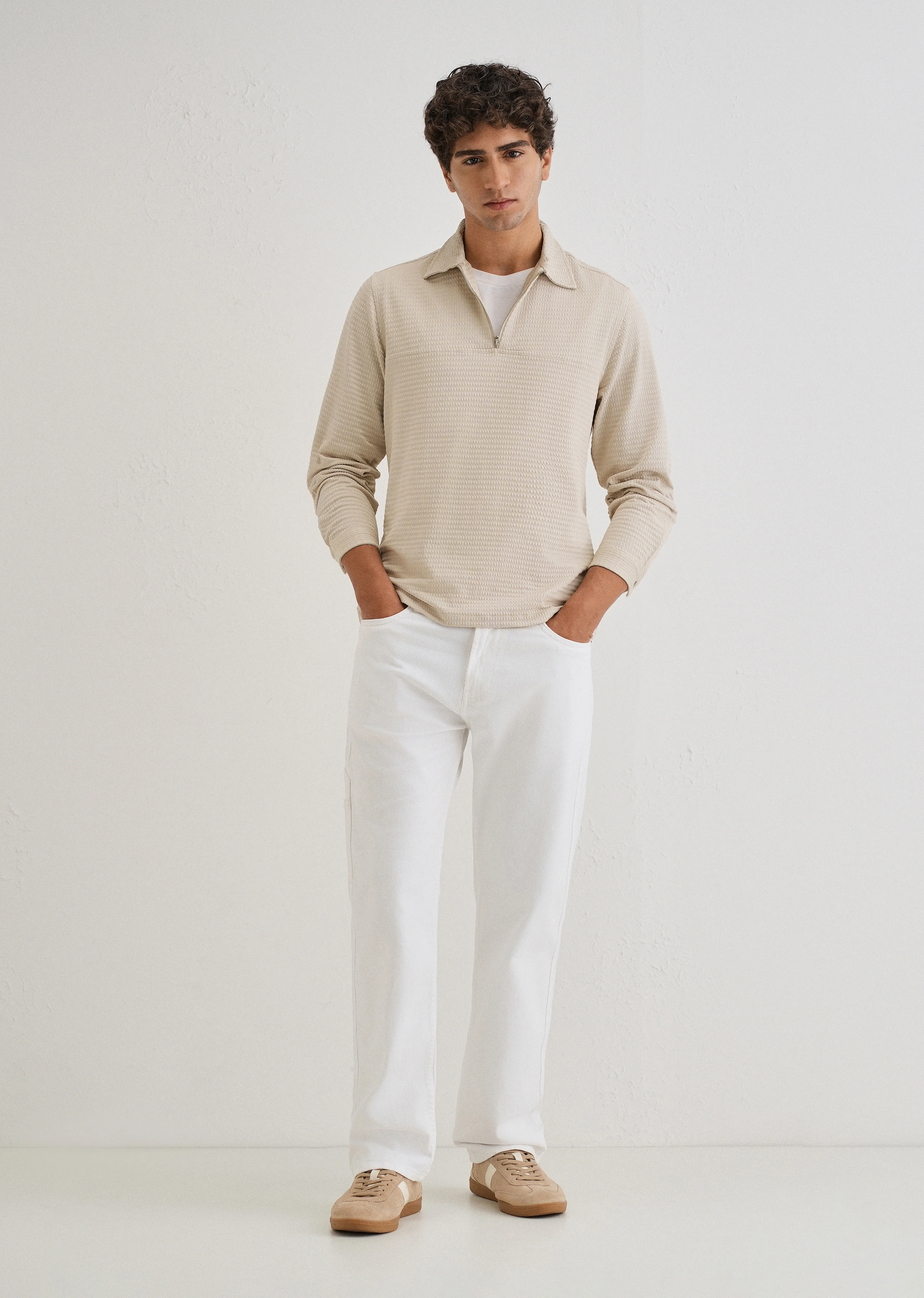 Tan Zipper Polo Knit T-shirt - Image 6