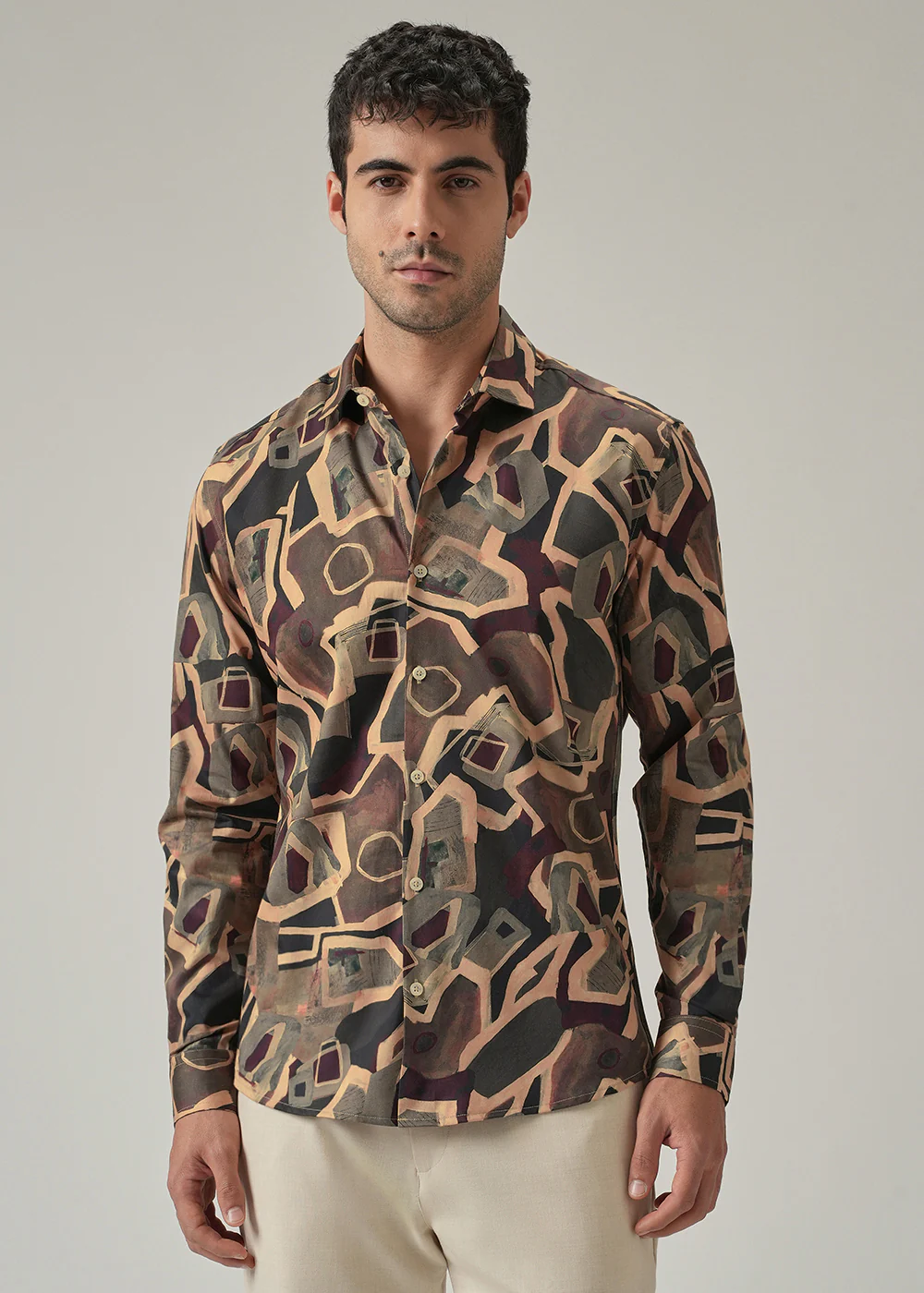 Taupe Beige Geometric Print Shirt - Image 3