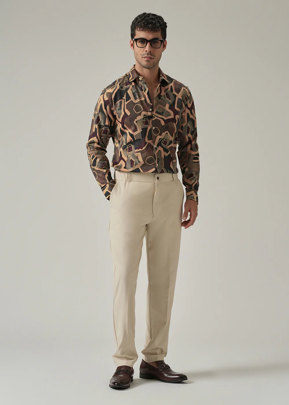 Taupe Beige Geometric Print Shirt - Image 6