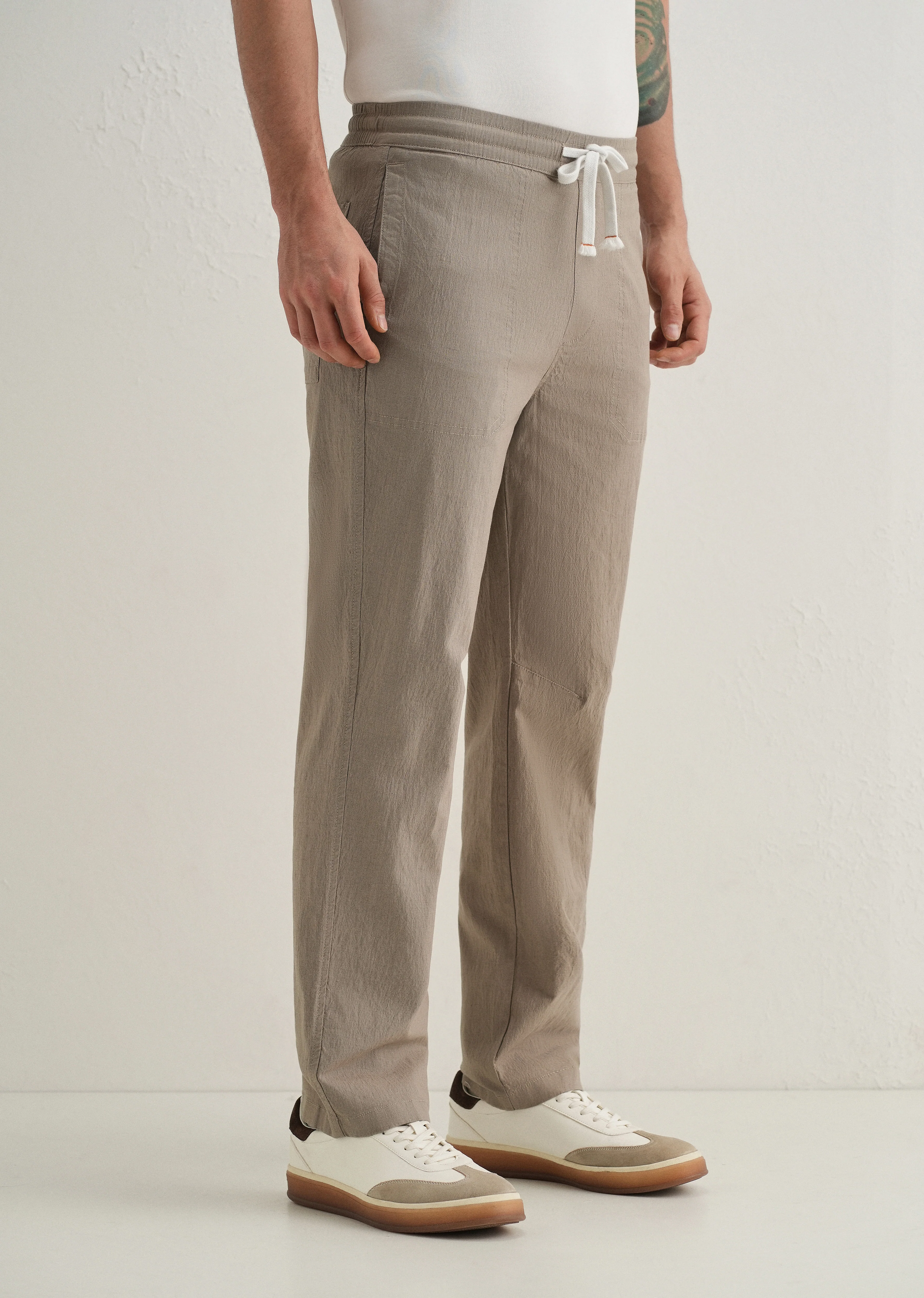 Taupe Drawstring Cotton Linen Pant - Image 4