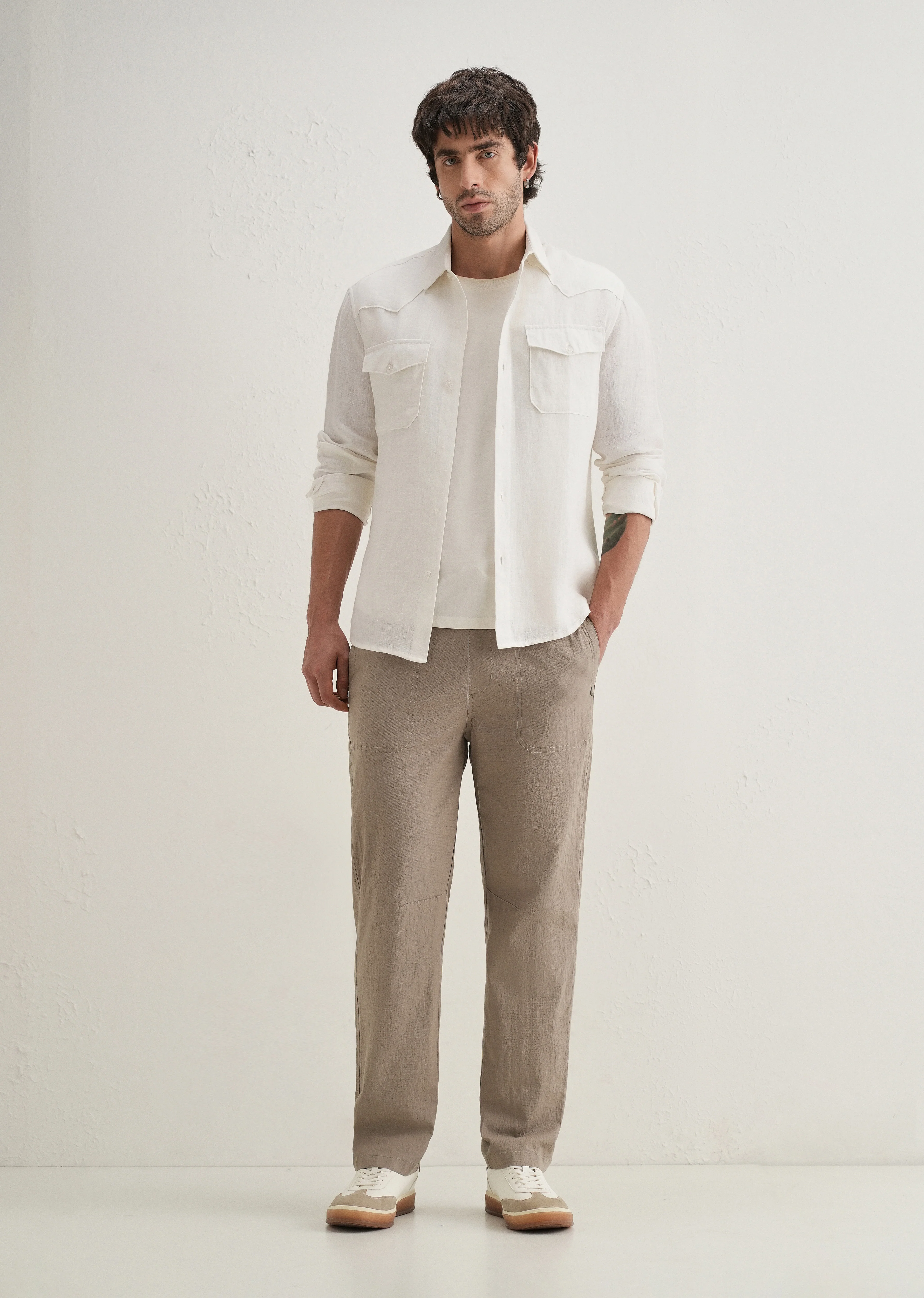 Taupe Drawstring Cotton Linen Pant - Image 6