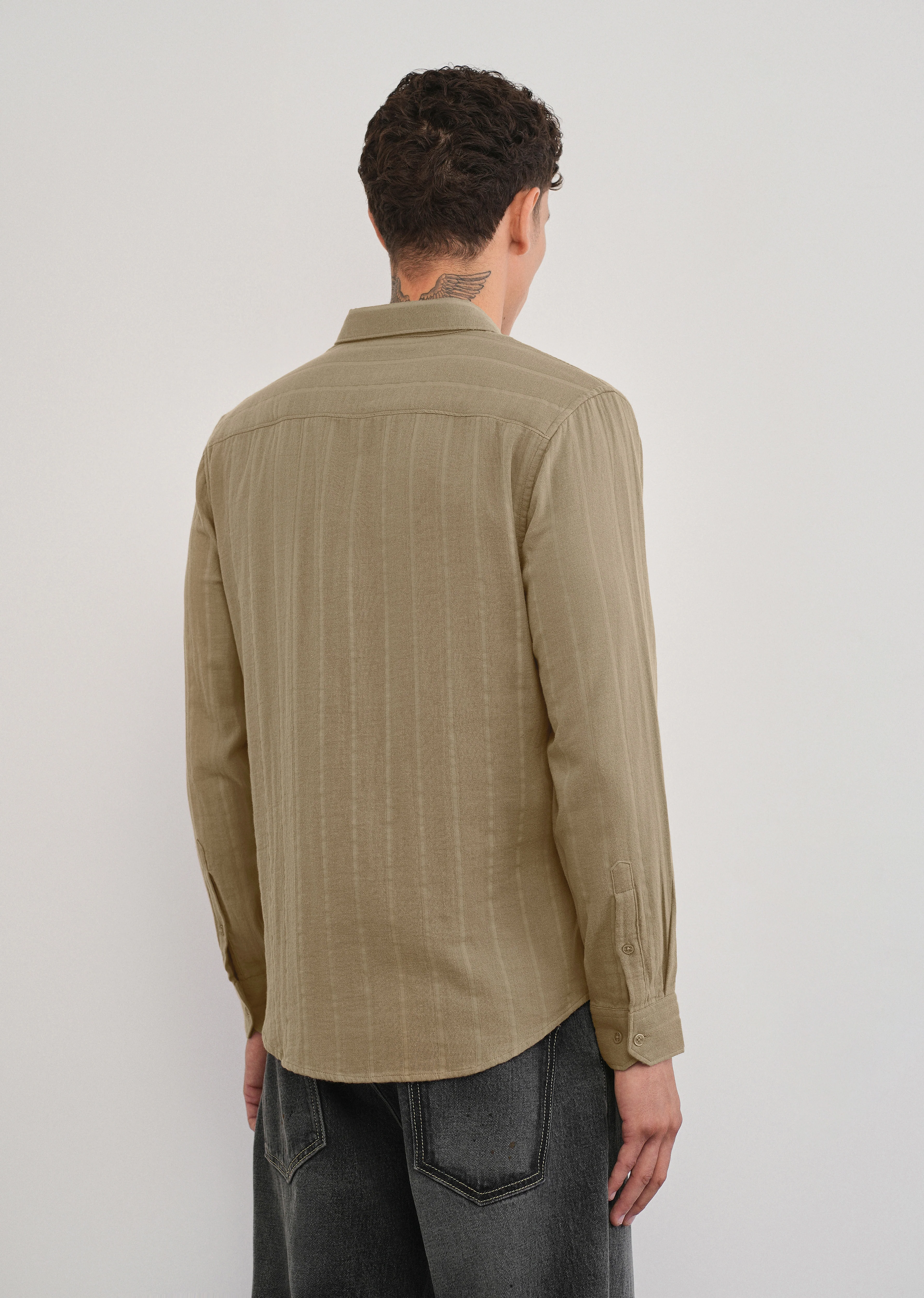 Taupe Self Striped Cotton Shirt - Image 2