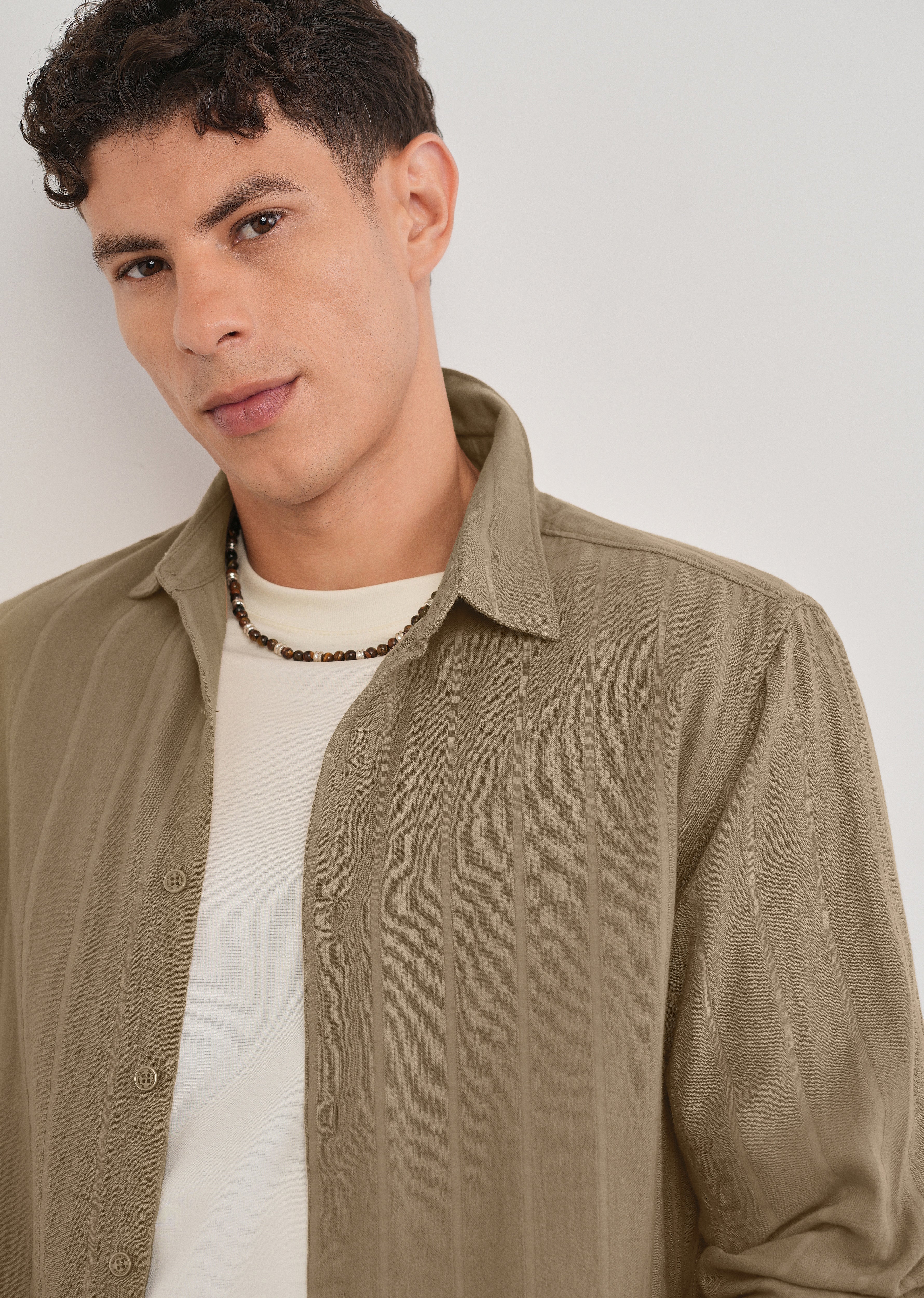 Taupe Self Striped Cotton Shirt - Image 5