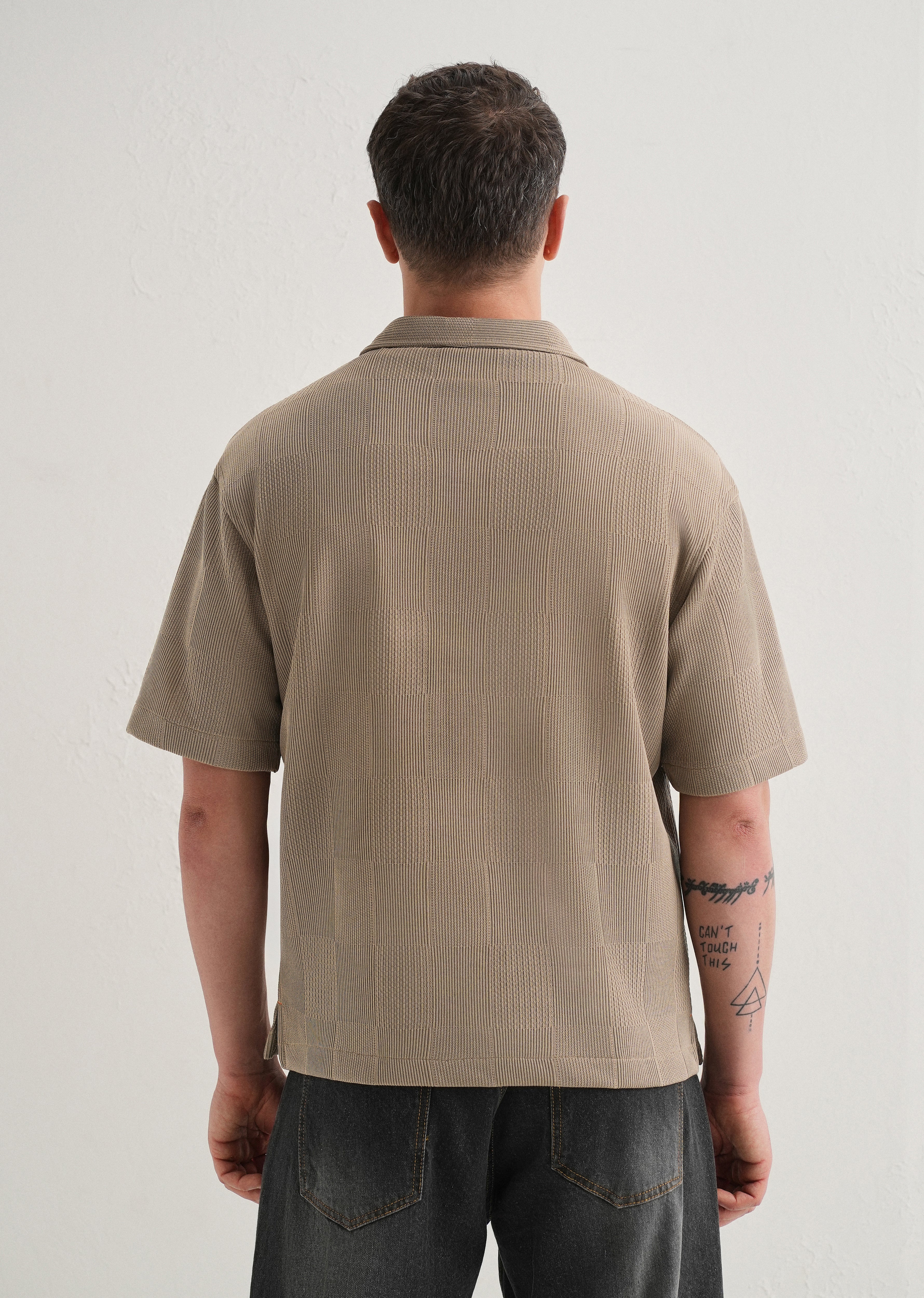 Taupe Textured Check Knit Shirt - Image 2