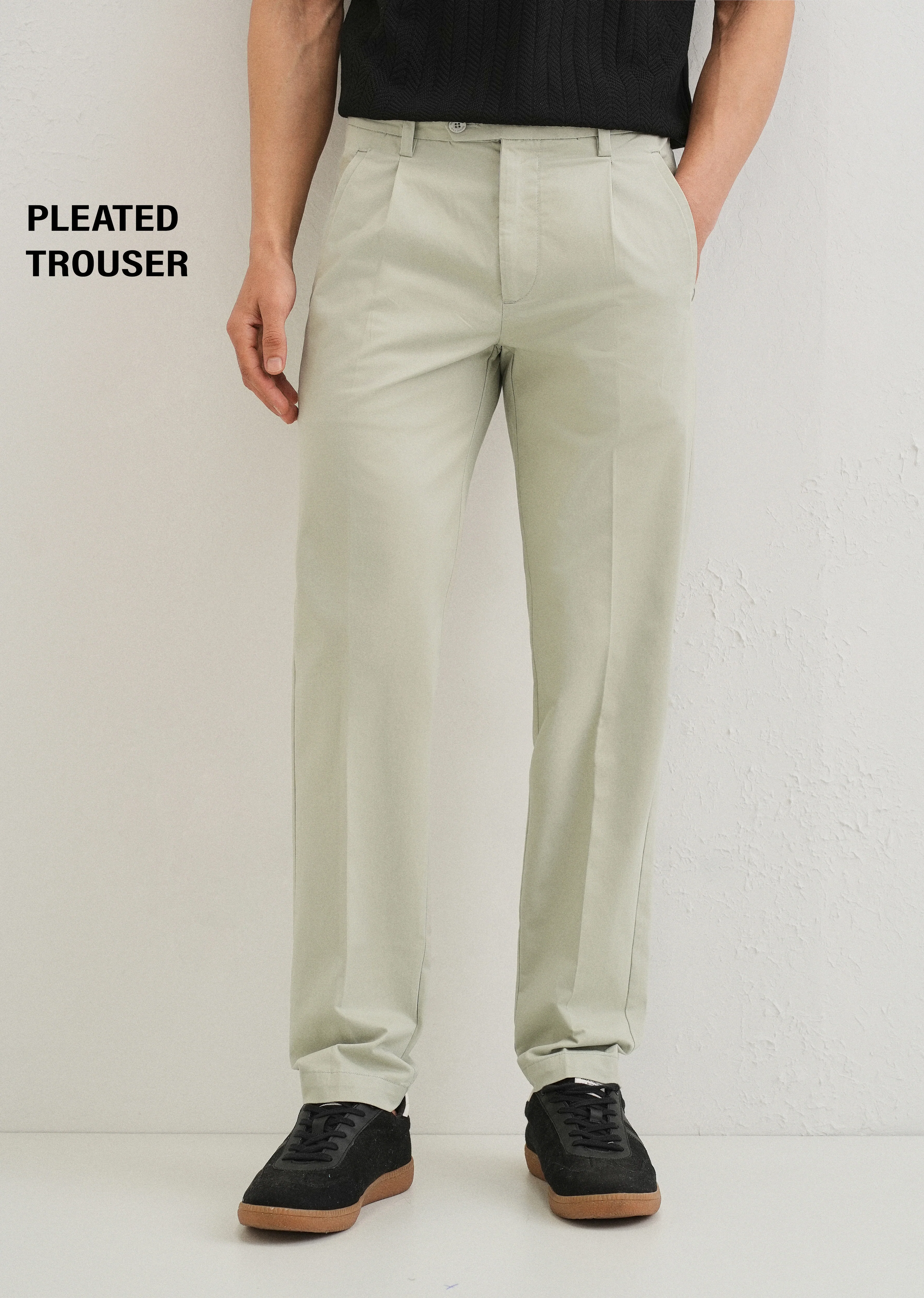 Tea Green Plain Pleated Chinos - Image 7