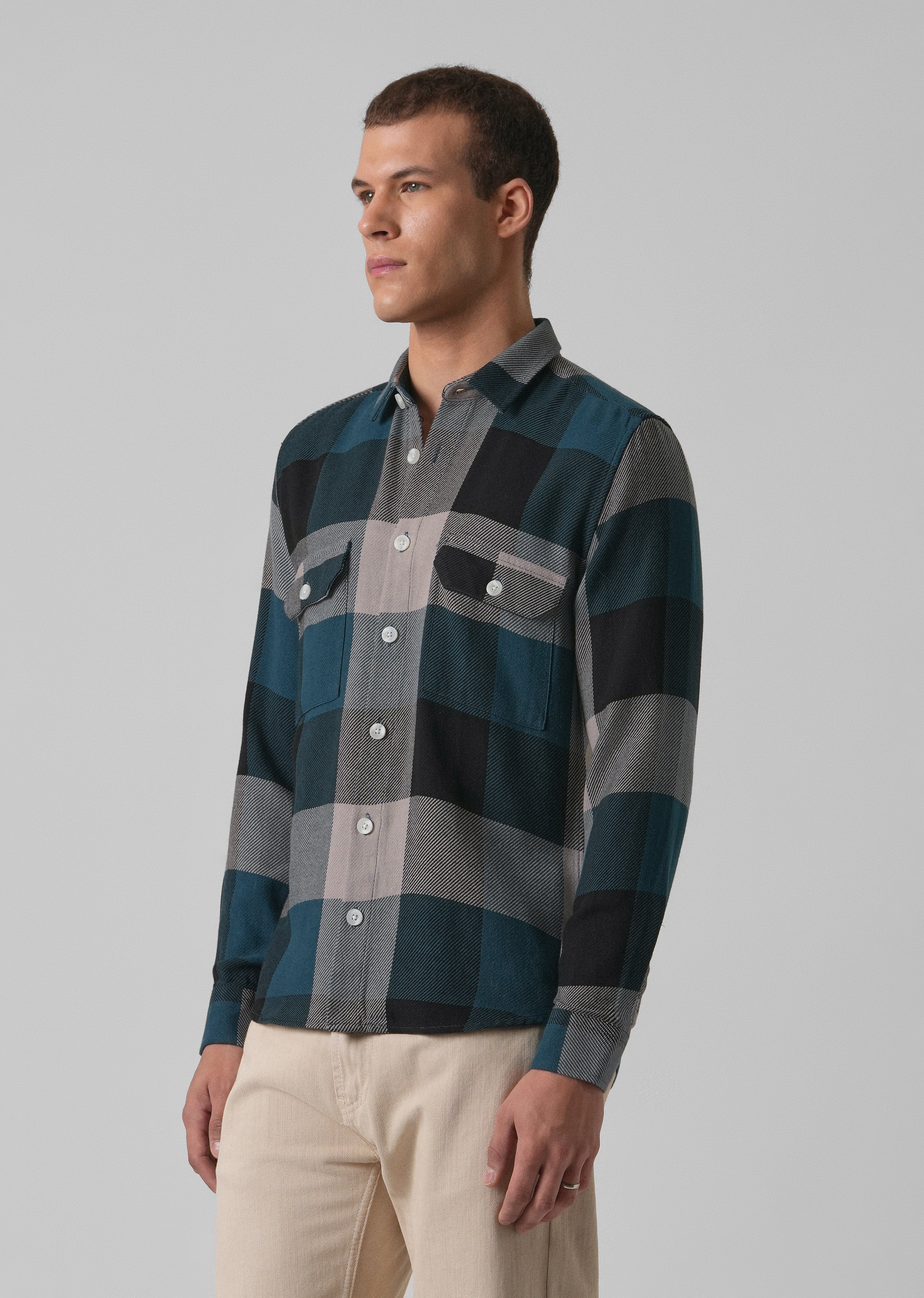 Teal Blue Brushed Cotton Check Shirt - Image 4