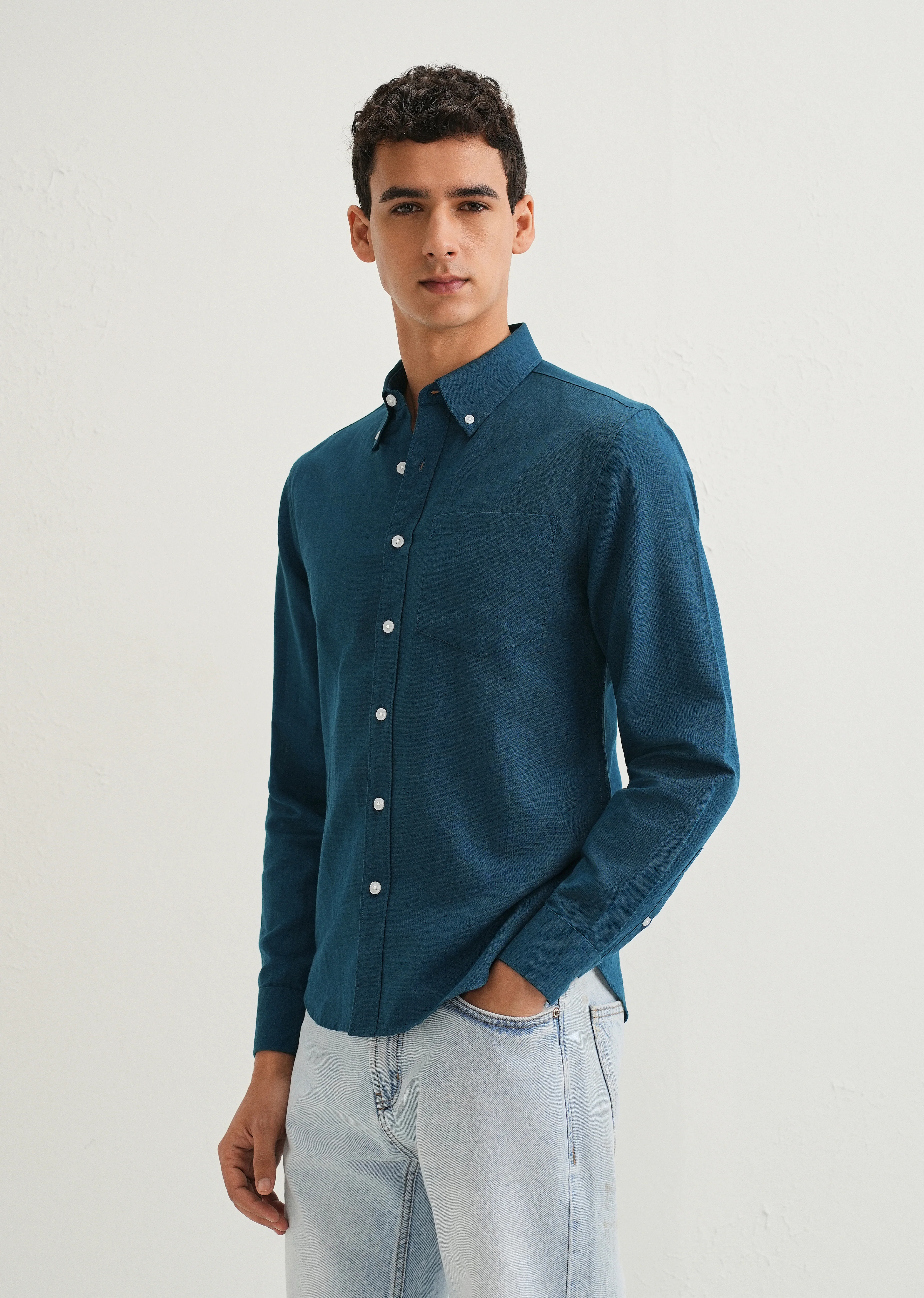 Teal Blue Cotton Linen Shirt - Image 4
