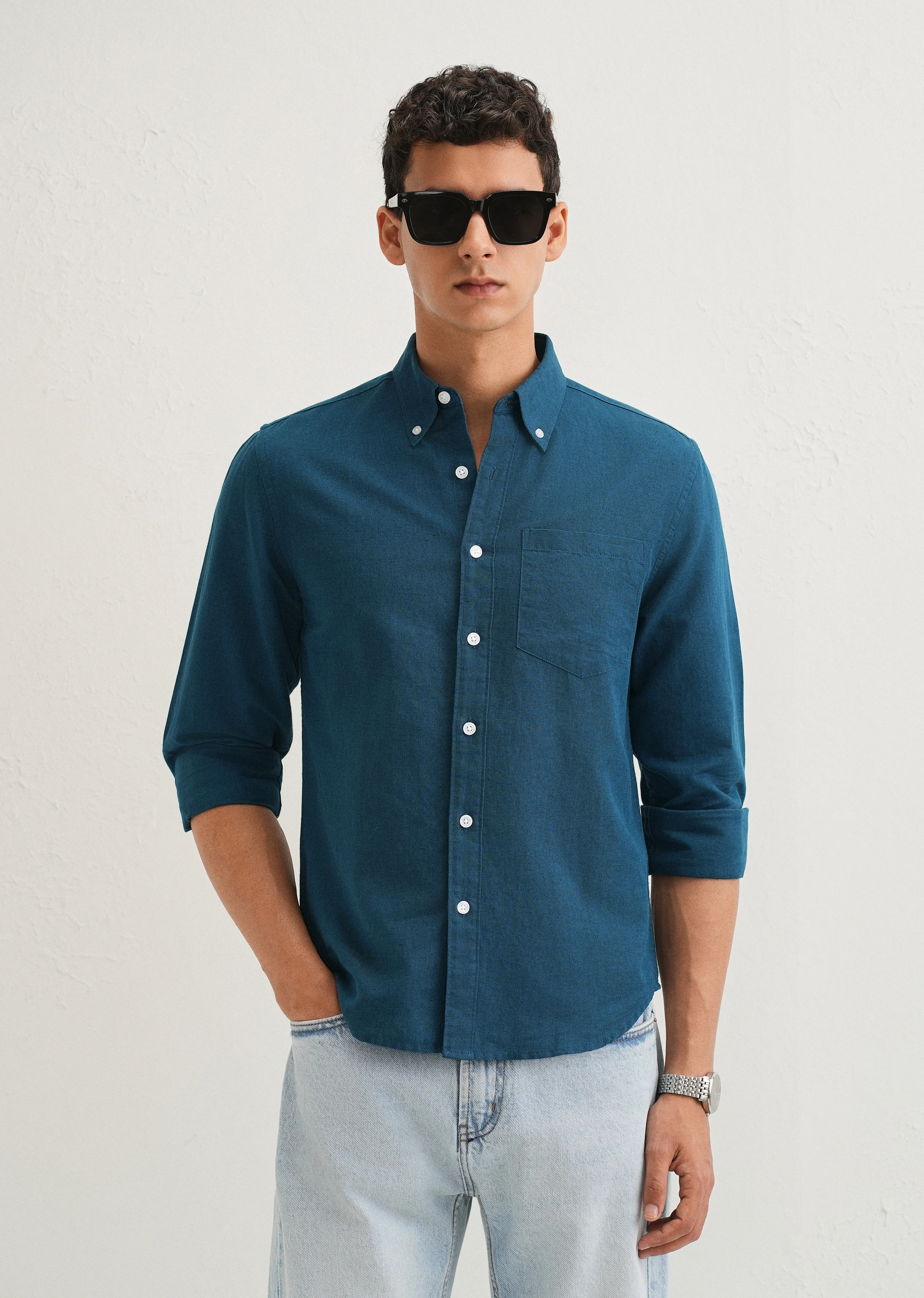 Teal Blue Cotton Linen Shirt - Image 7