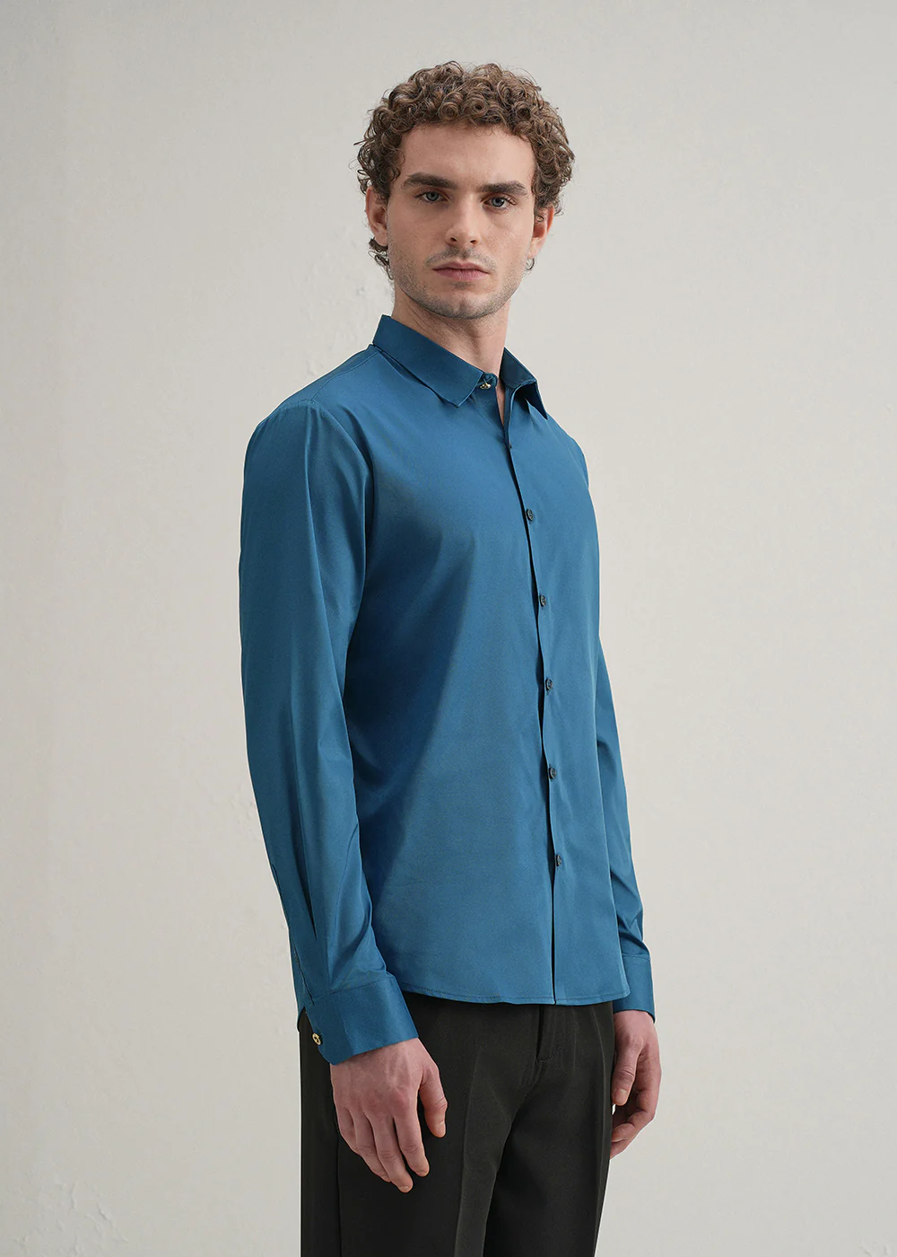Teal Blue Plain Stitchless Placket Shirt - Image 5
