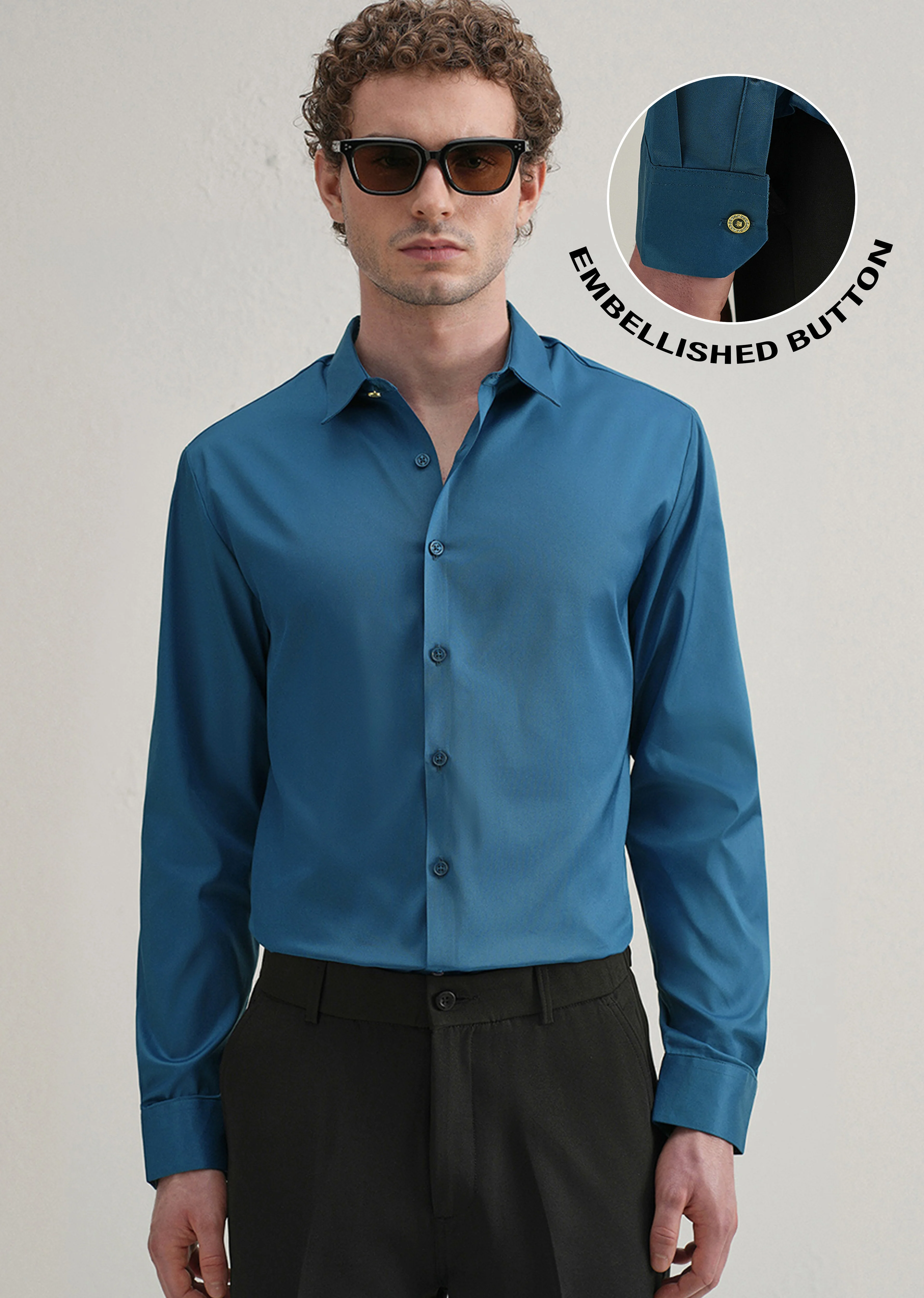 Teal Blue Plain Stitchless Placket Shirt - Image 7