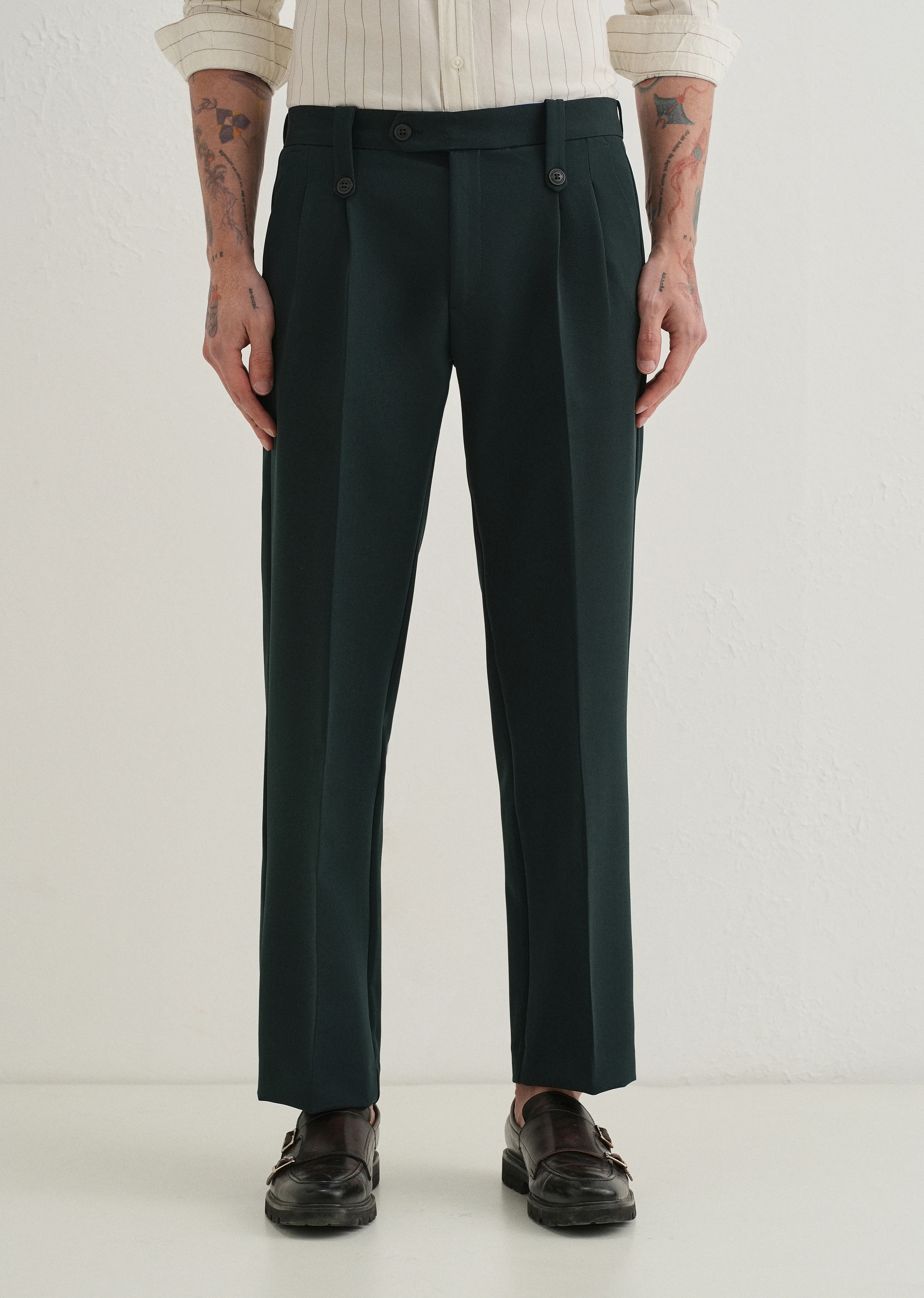 Teal Green Button-Tab Pleat Trouser - Image 3