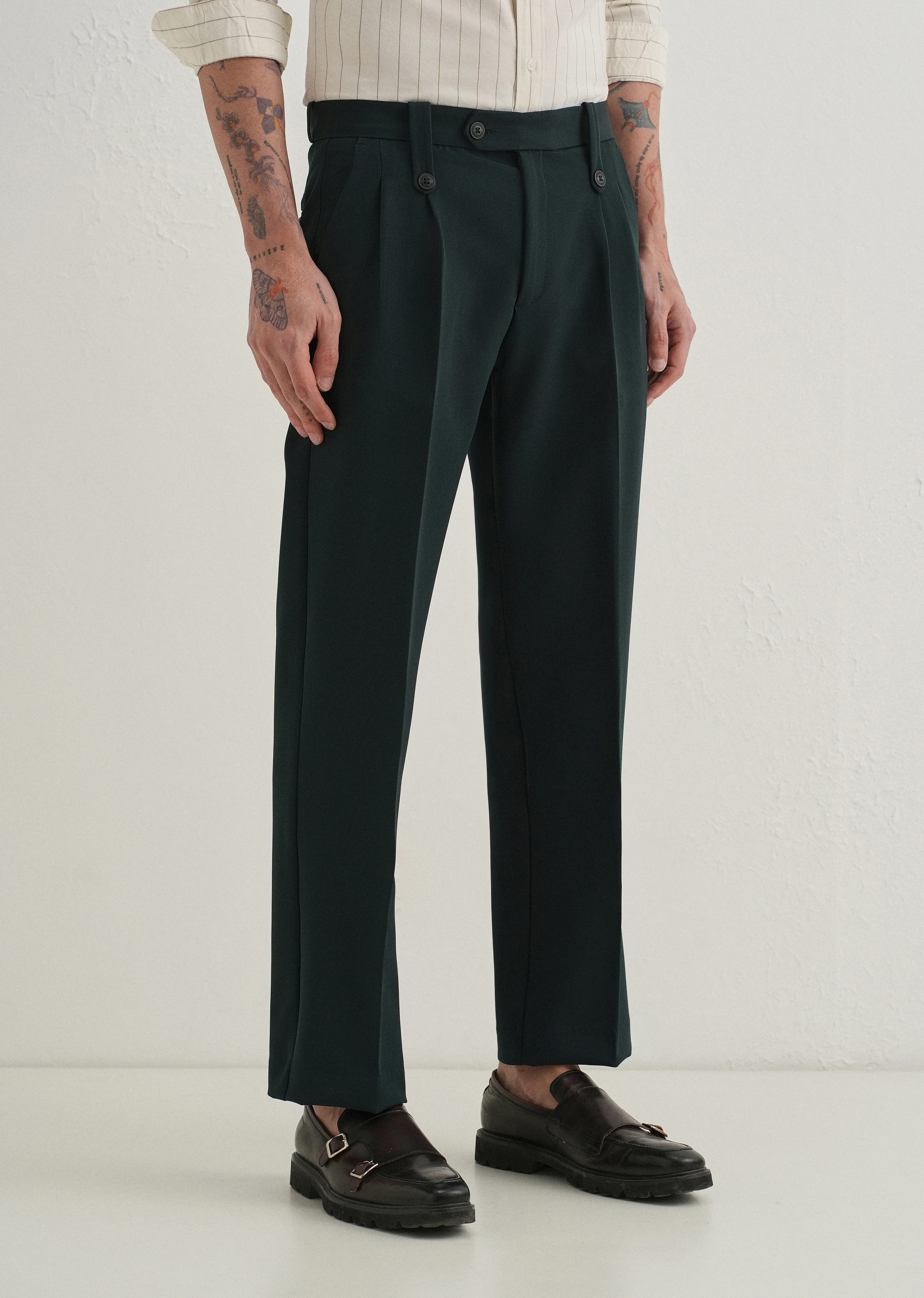 Teal Green Button-Tab Pleat Trouser - Image 4