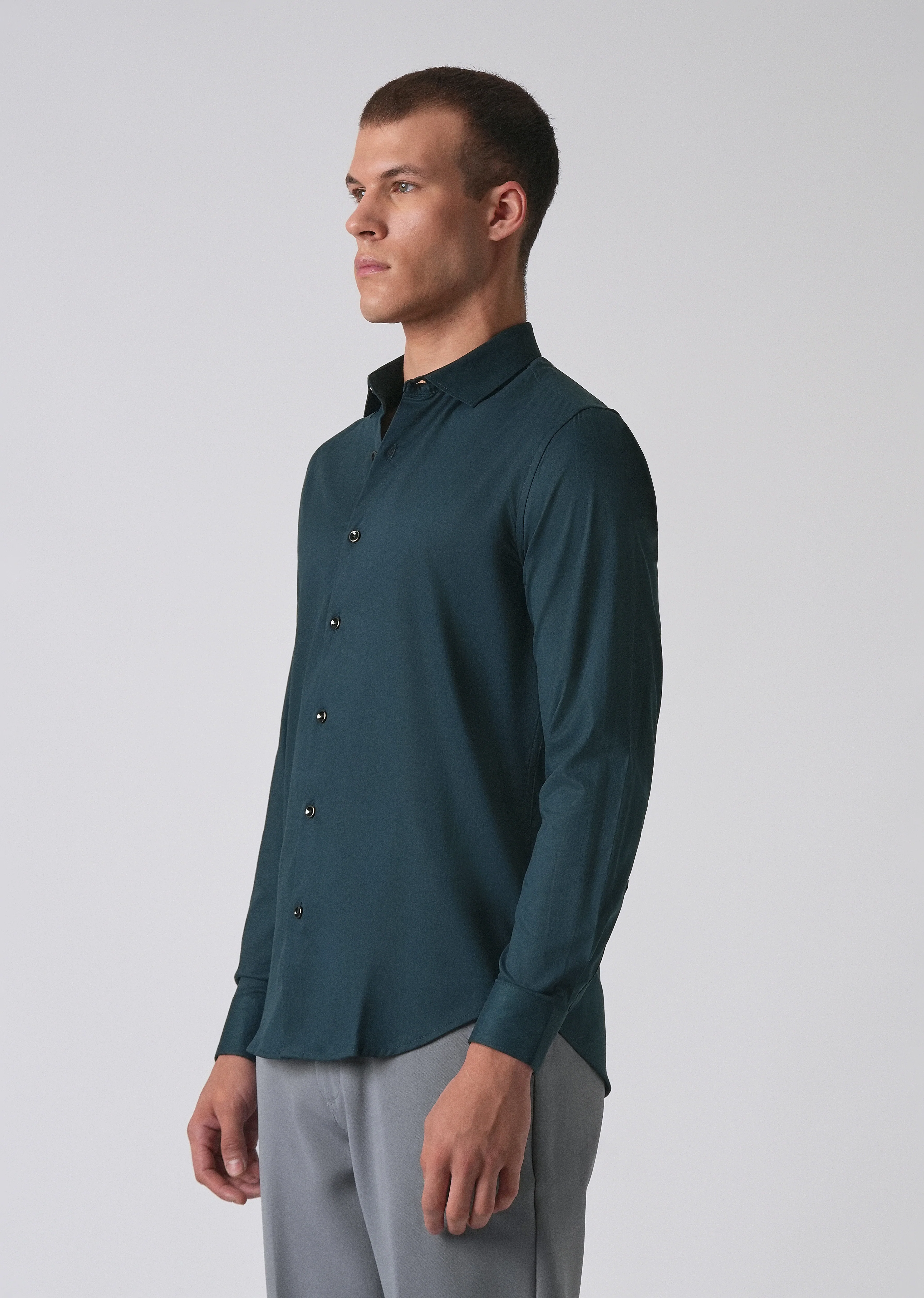 Teal Green Cotton Stretch Plain Shirt - Image 4